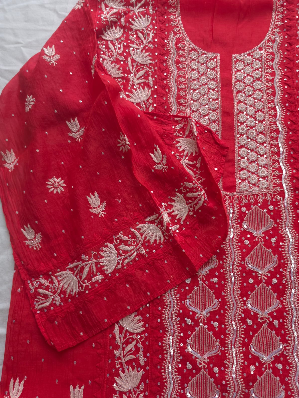 Watermelon Red Mul Chanderi Kurta and Dupatta set with handwork and embellishments