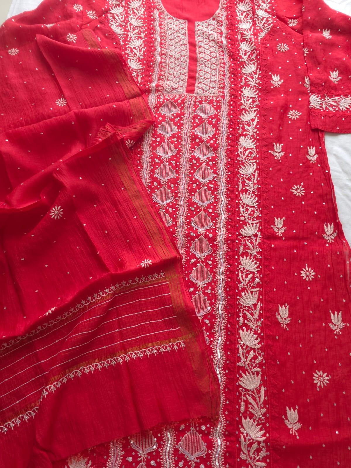 Watermelon Red Mul Chanderi Kurta and Dupatta set with handwork and embellishments