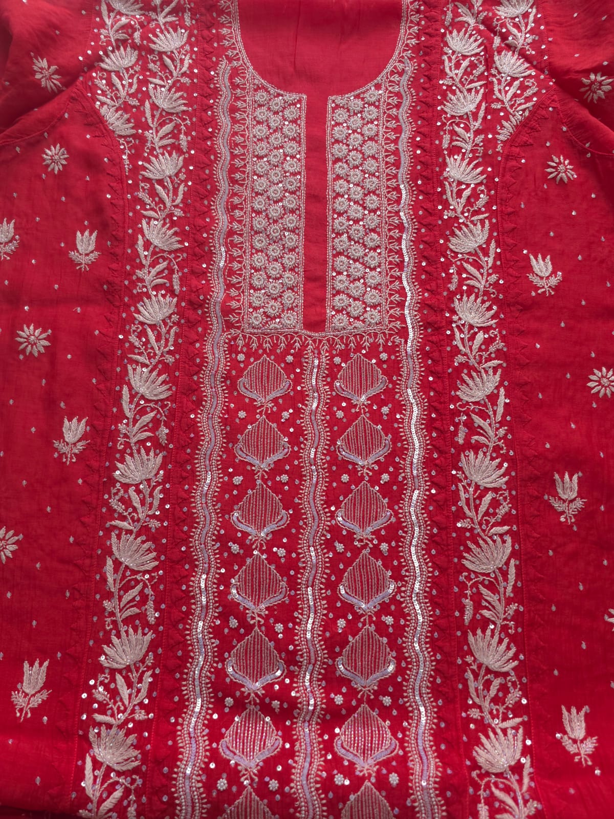 Watermelon Red Mul Chanderi Kurta and Dupatta set with handwork and embellishments