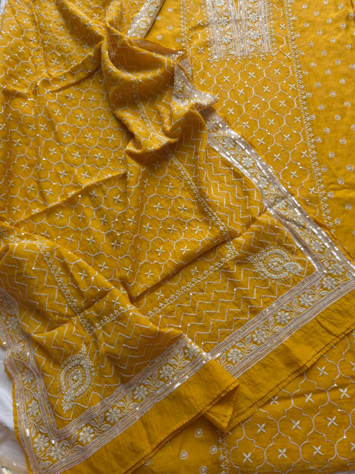Mustard yellow Mul chanderi semistitched Full jaal work kurta and dupatta