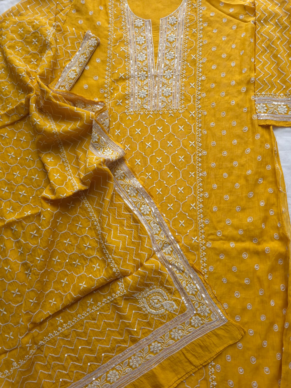 Mustard yellow Mul chanderi semistitched Full jaal work kurta and dupatta