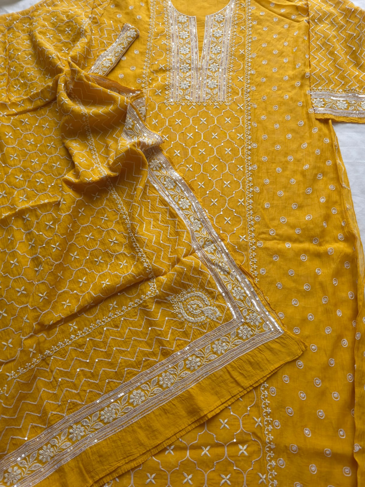 Mustard yellow Mul chanderi semistitched Full jaal work kurta and dupatta