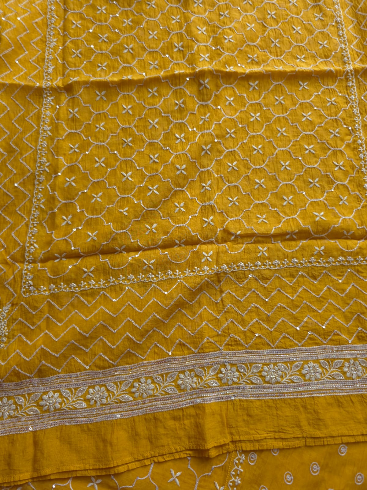 Mustard yellow Mul chanderi semistitched Full jaal work kurta and dupatta
