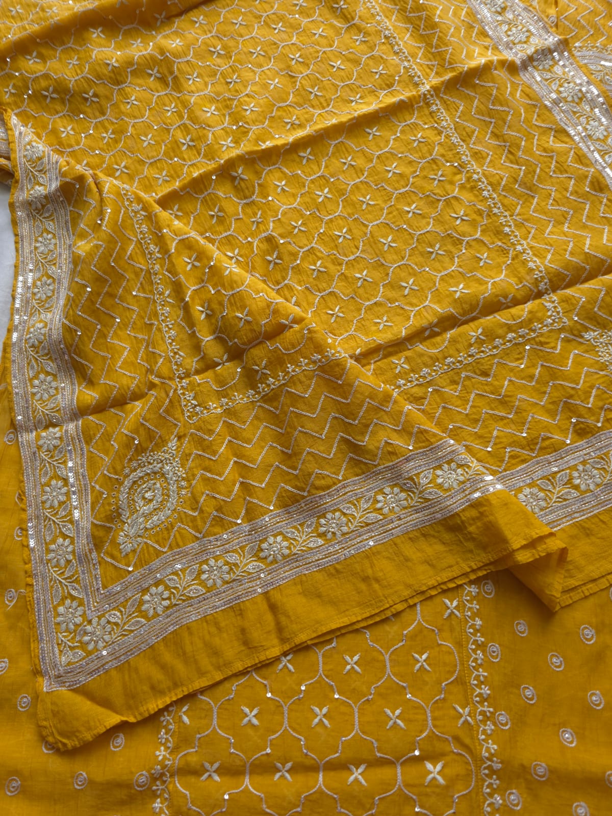 Mustard yellow Mul chanderi semistitched Full jaal work kurta and dupatta