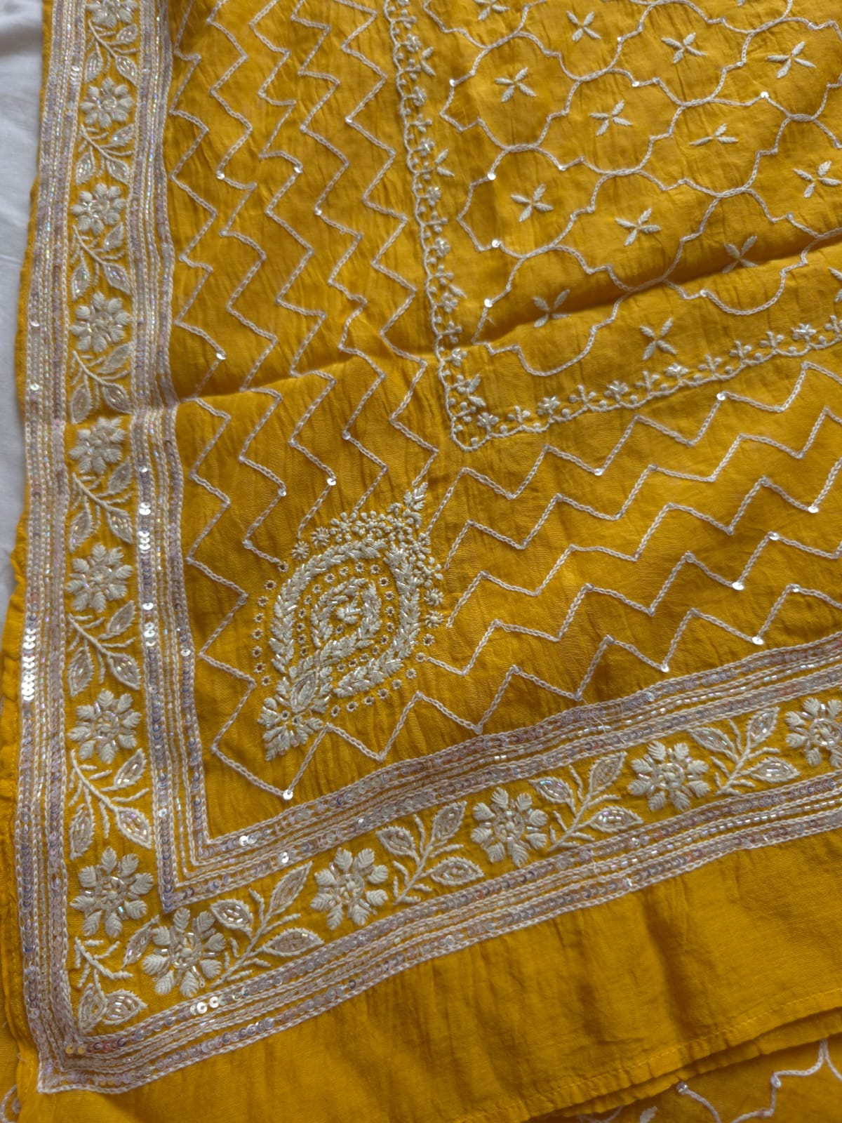 Mustard yellow Mul chanderi semistitched Full jaal work kurta and dupatta