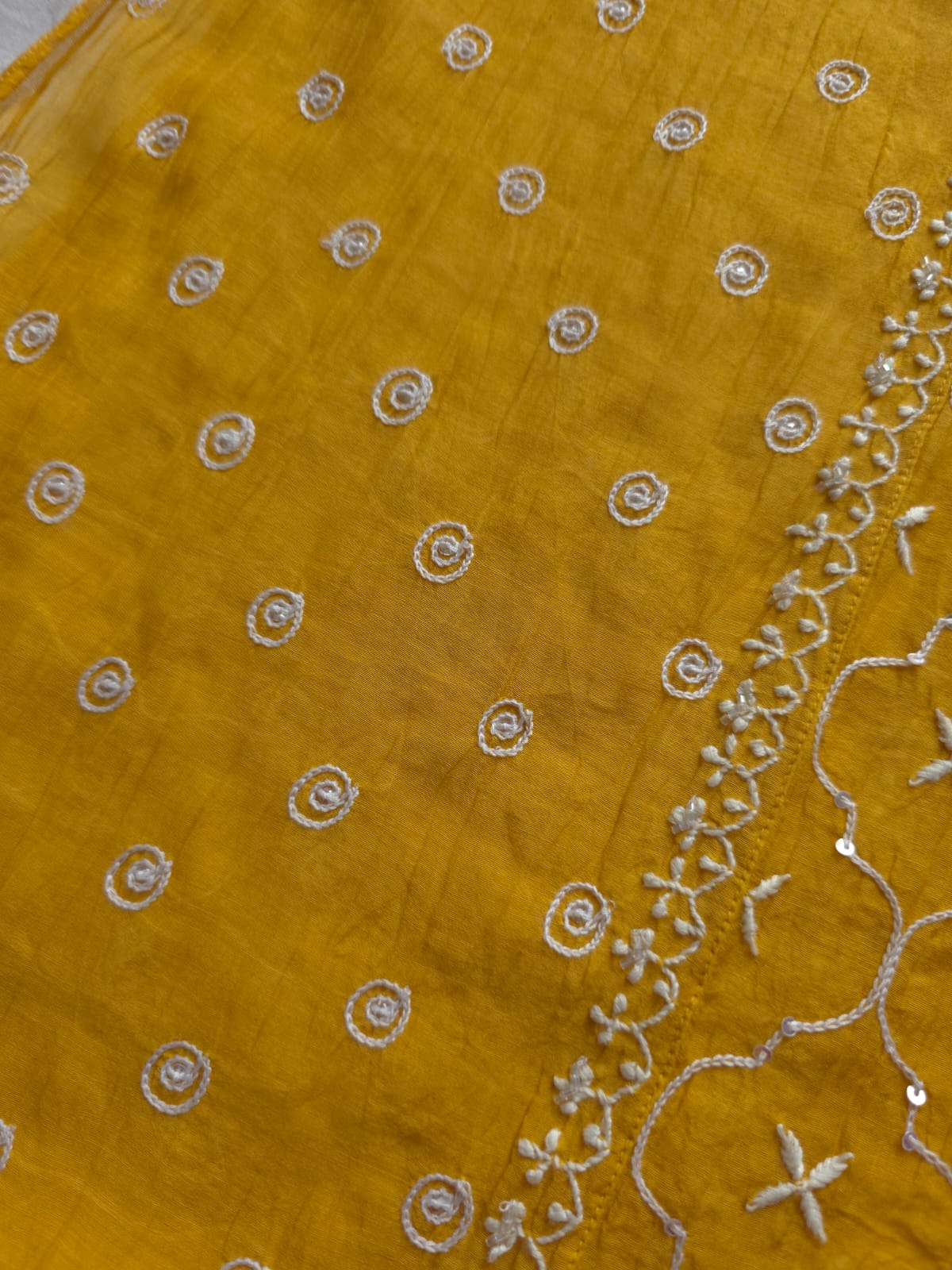 Mustard yellow Mul chanderi semistitched Full jaal work kurta and dupatta