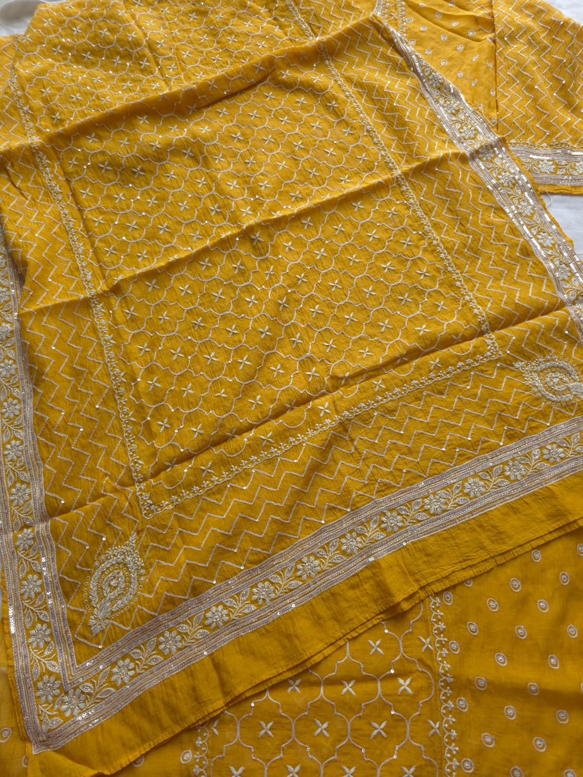 Mustard yellow Mul chanderi semistitched Full jaal work kurta and dupatta
