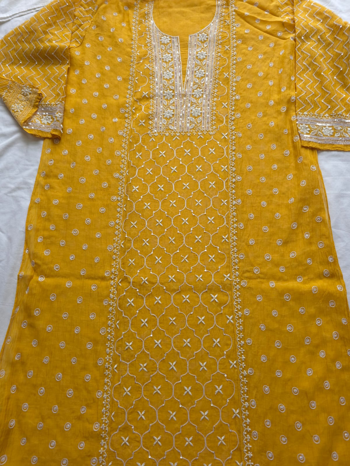 Mustard yellow Mul chanderi semistitched Full jaal work kurta and dupatta