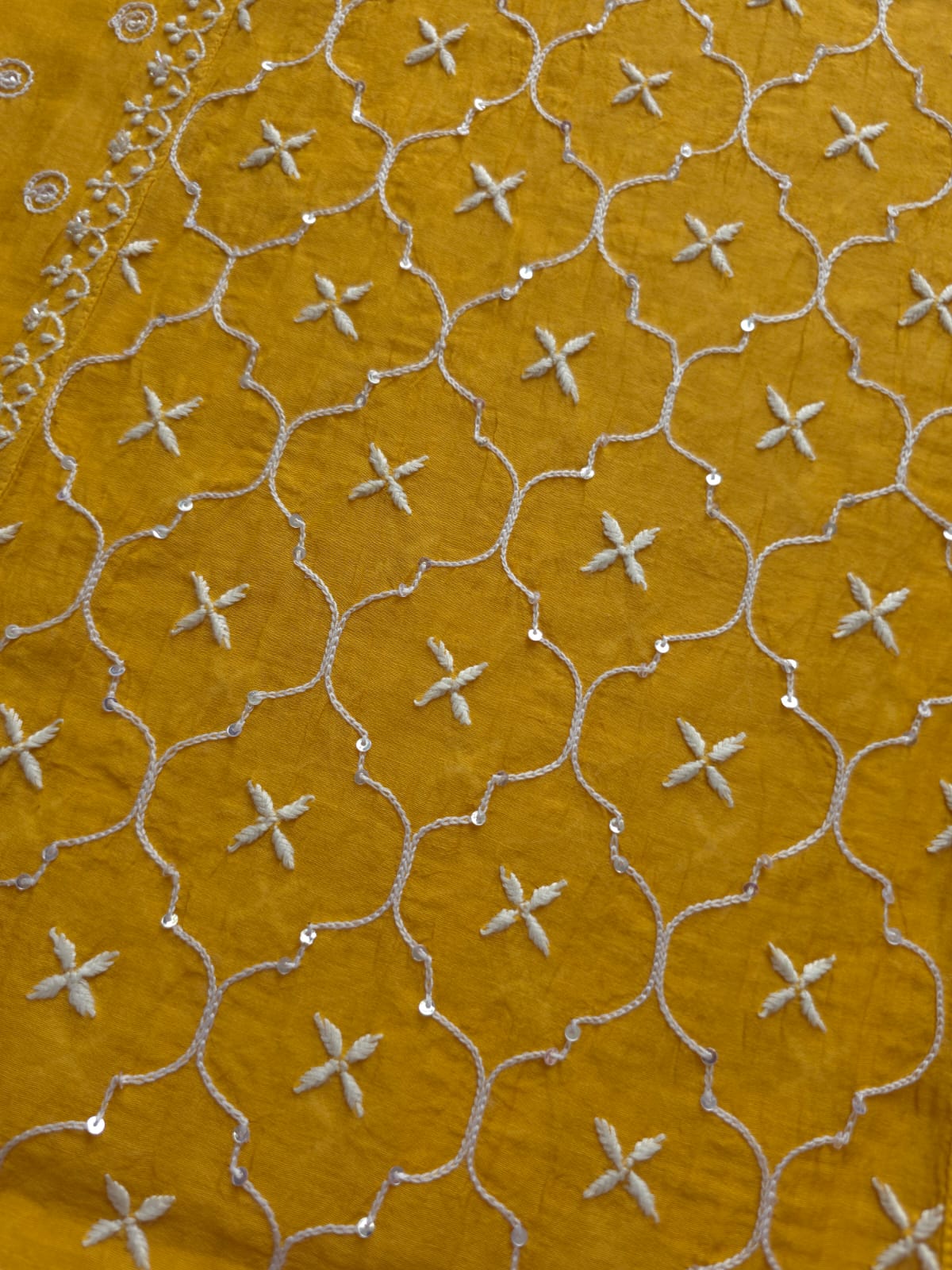 Mustard yellow Mul chanderi semistitched Full jaal work kurta and dupatta