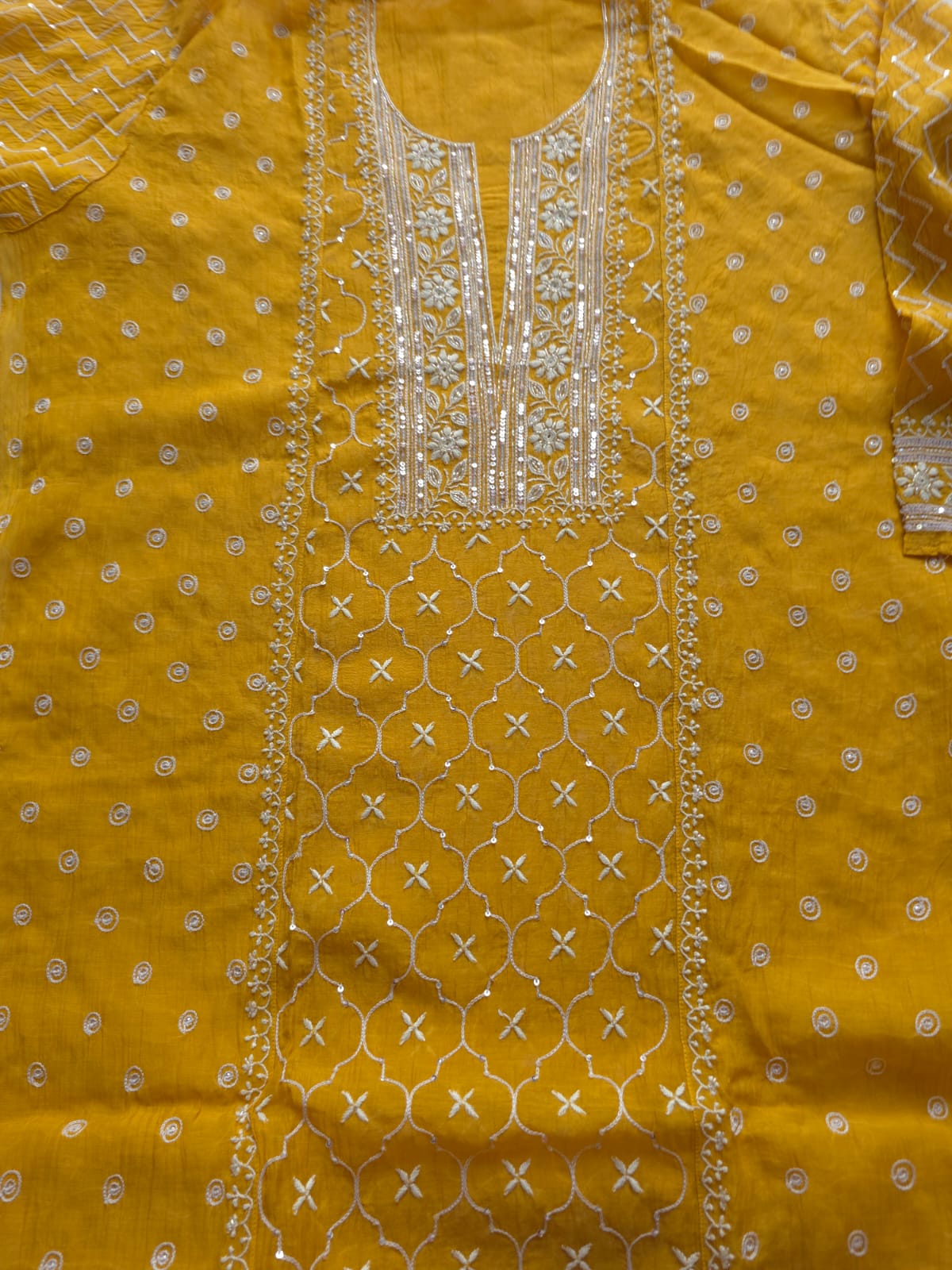 Mustard yellow Mul chanderi semistitched Full jaal work kurta and dupatta