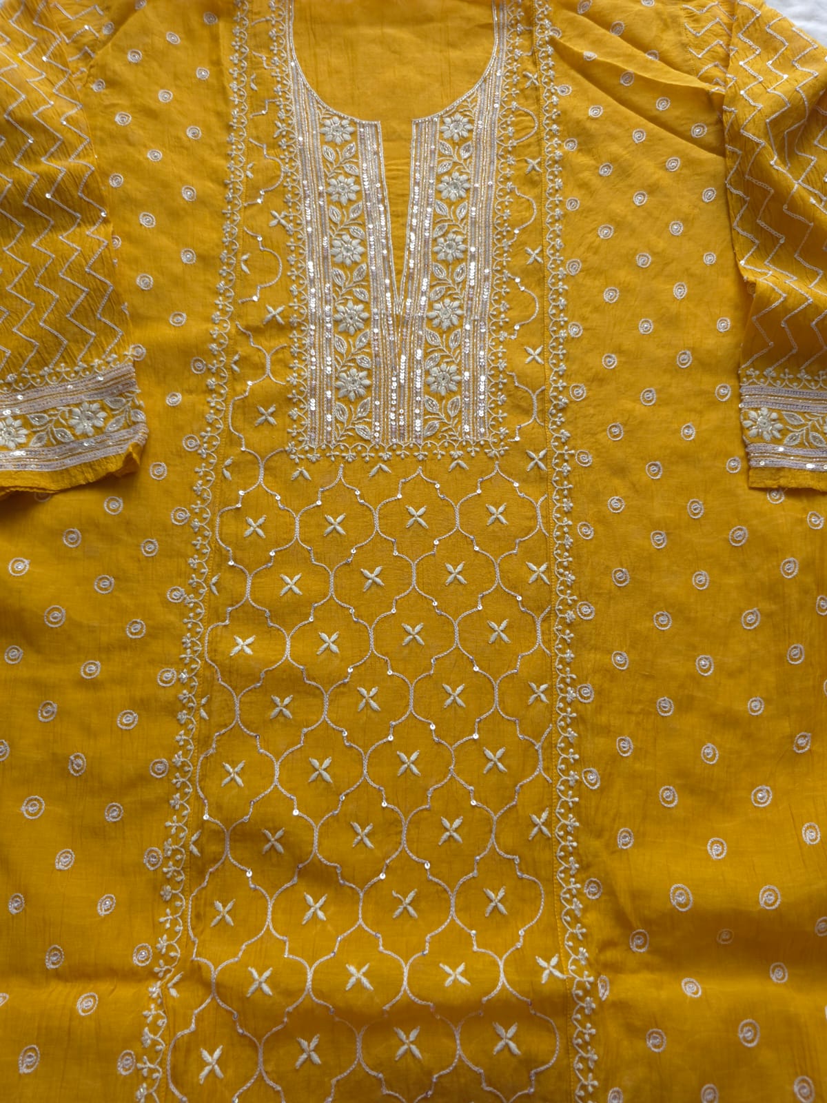 Mustard yellow Mul chanderi semistitched Full jaal work kurta and dupatta