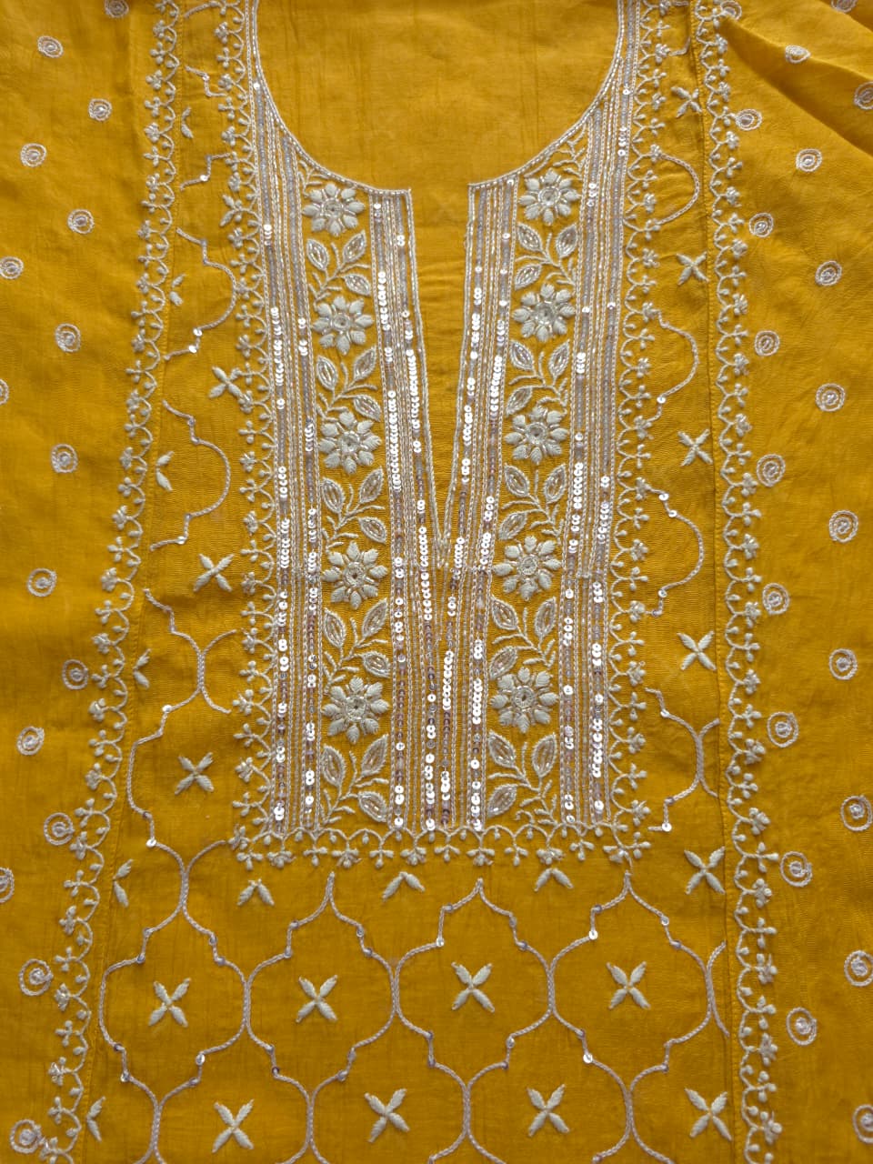Mustard yellow Mul chanderi semistitched Full jaal work kurta and dupatta