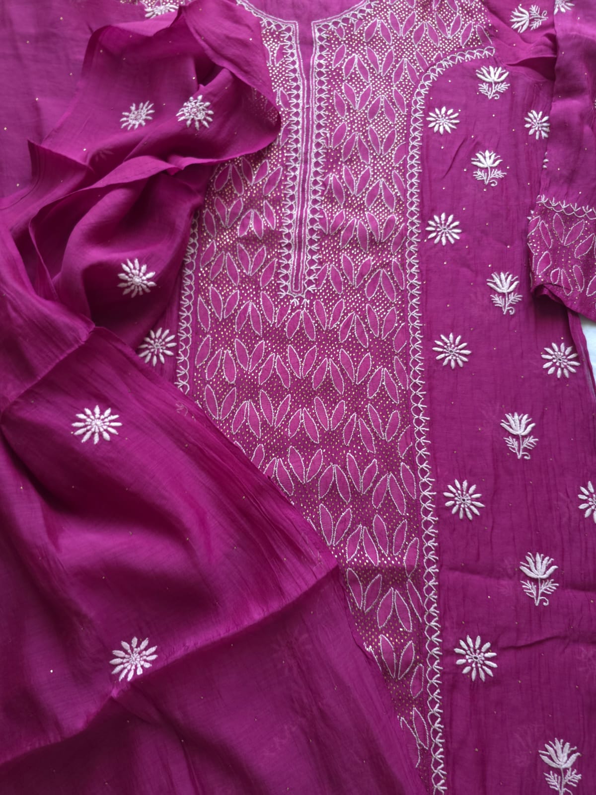Wine Color Mul chanderi kurta and dupatta with front and back same handwork with mukaish