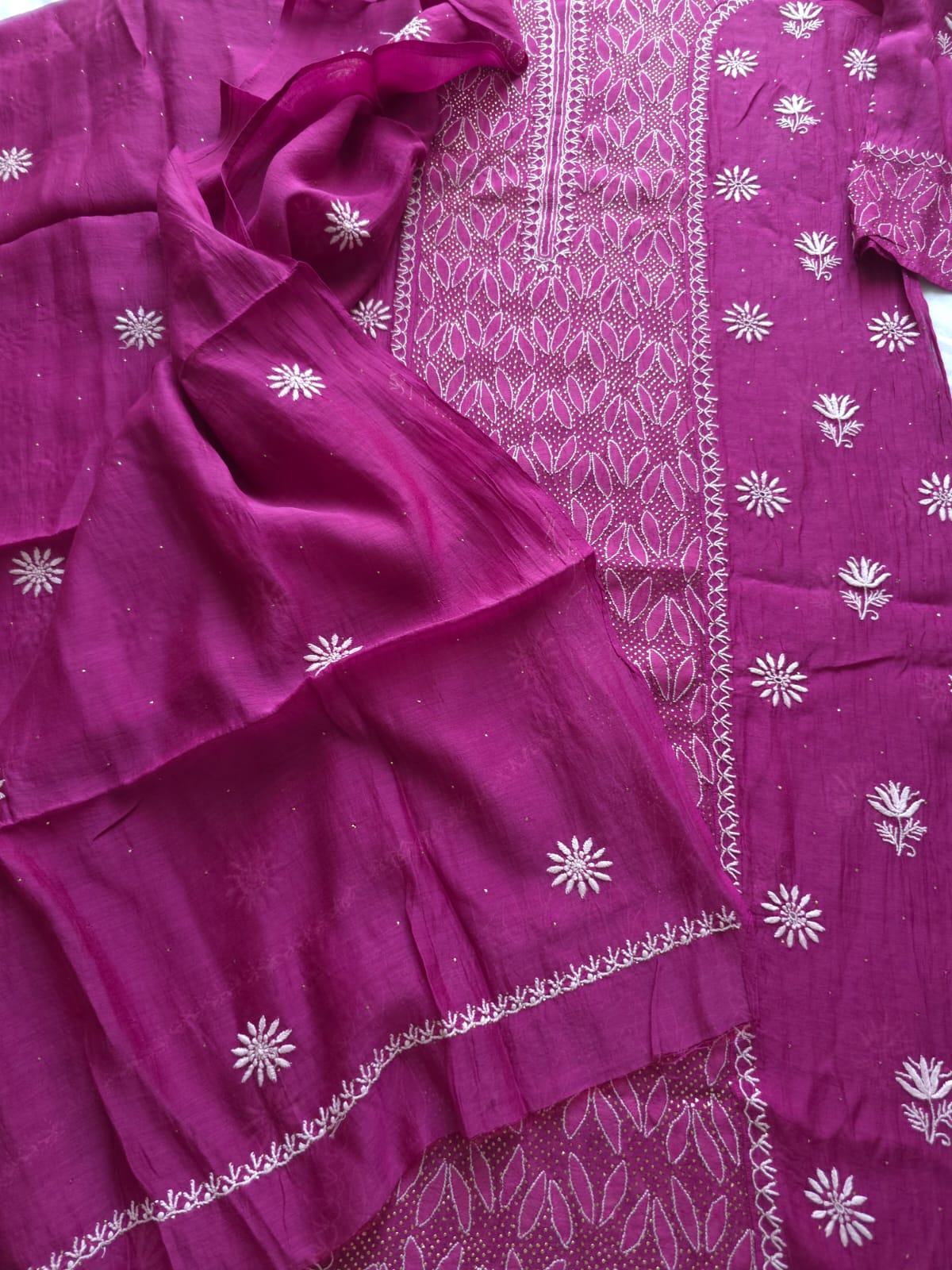 Wine Color Mul chanderi kurta and dupatta with front and back same handwork with mukaish