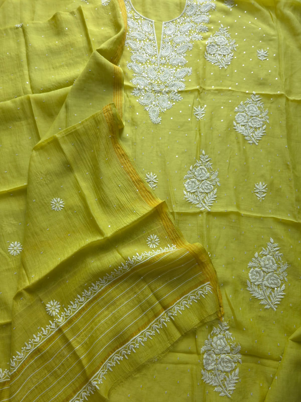 Green Mul chanderi Unstitched kurta and dupatta set