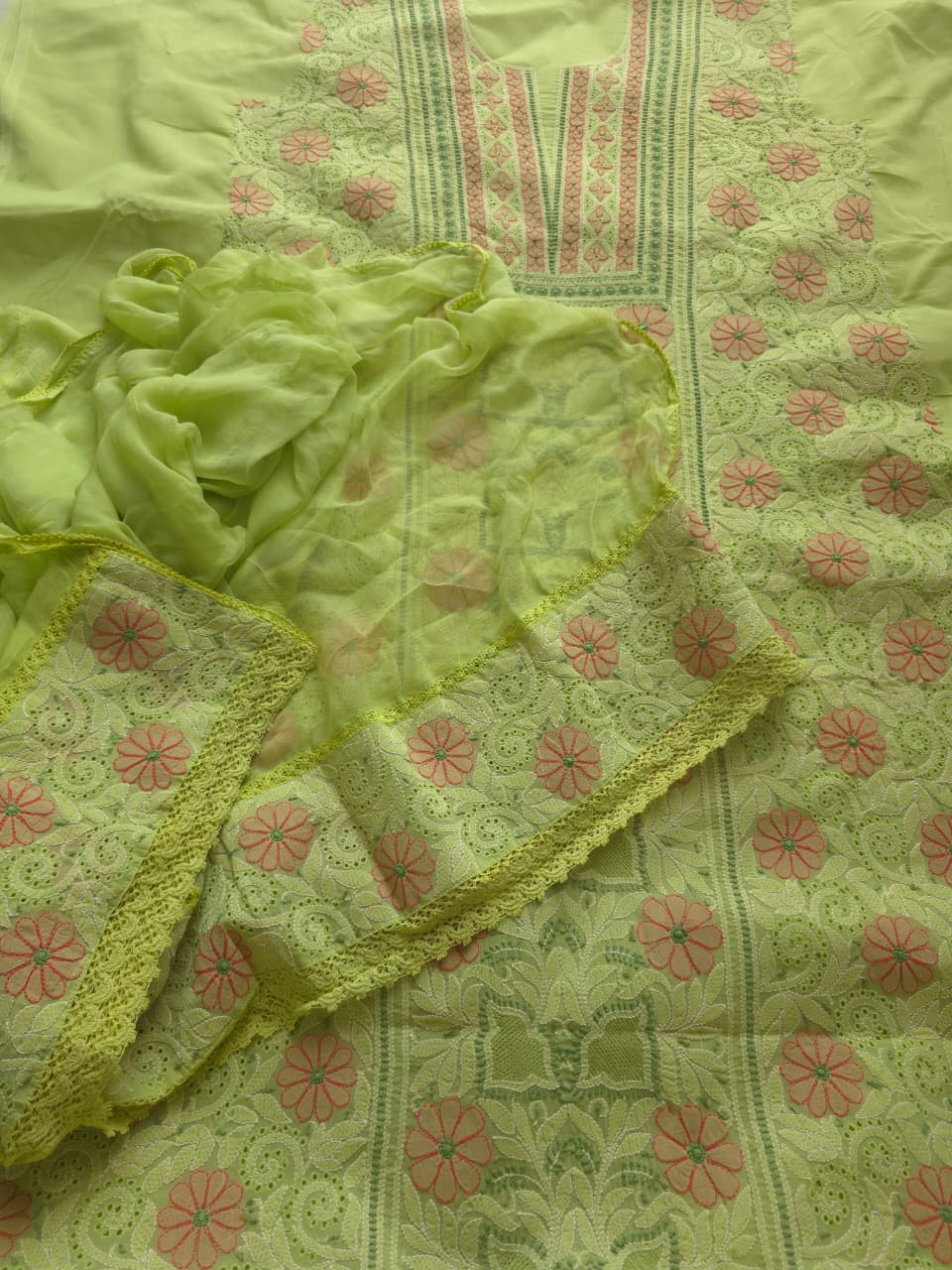 Green Cotton Full set with extremely fine handwork and Jaaliwork