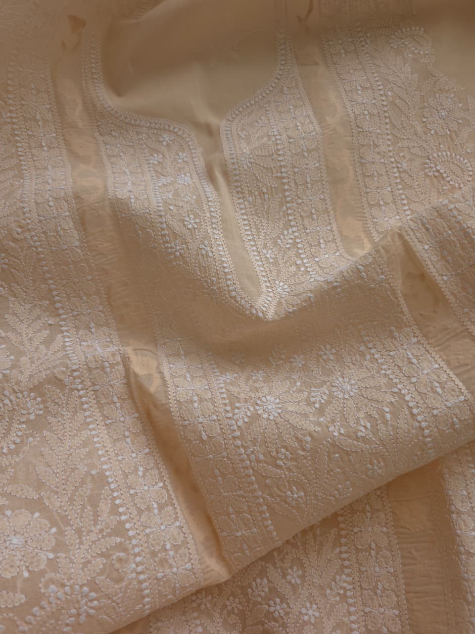 Pastel Peach Cotton Kurta fabric with Chikankari and Daraz