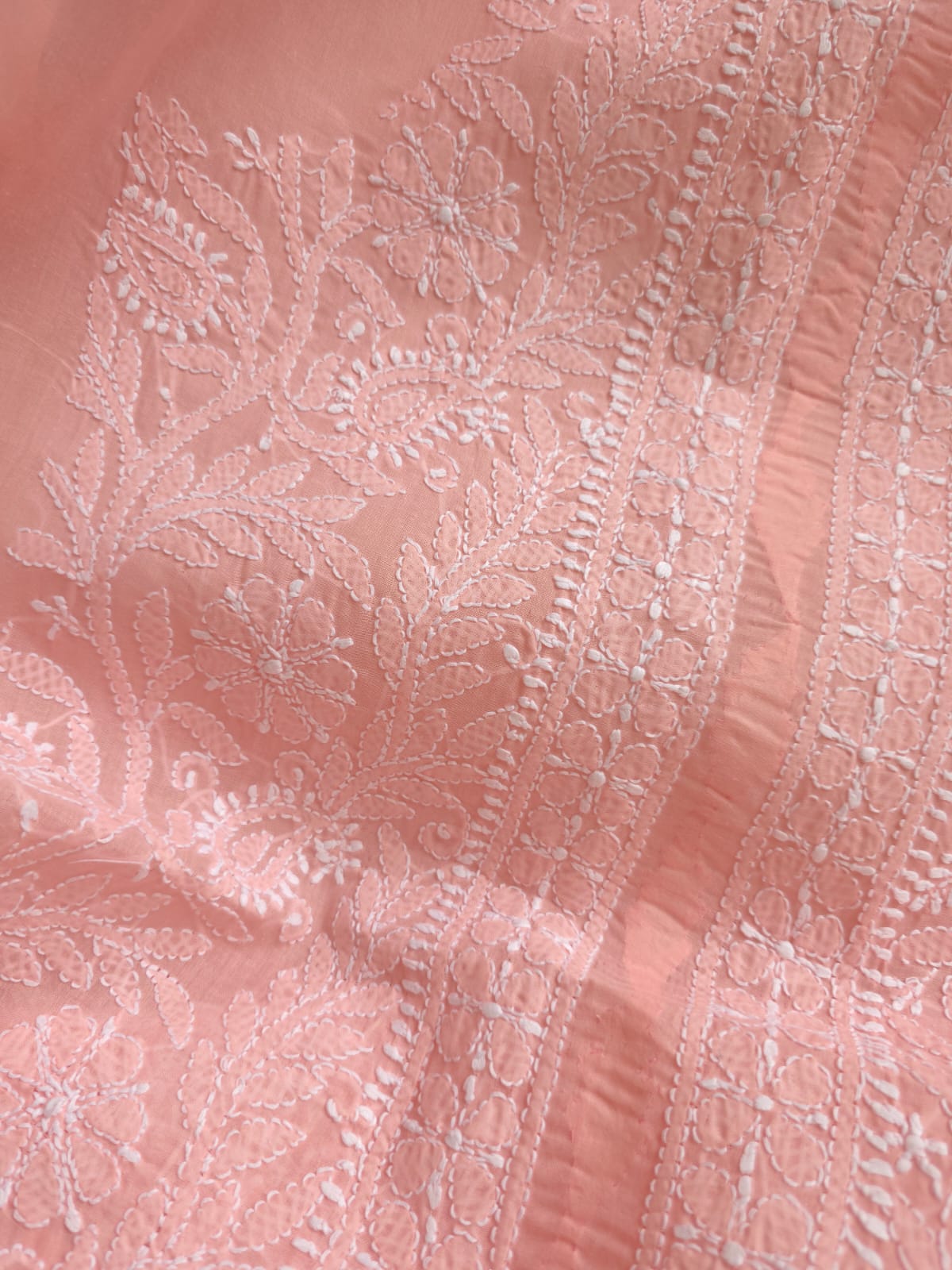 Peachish pink cotton Kurta fabric with chikankari and Daraz