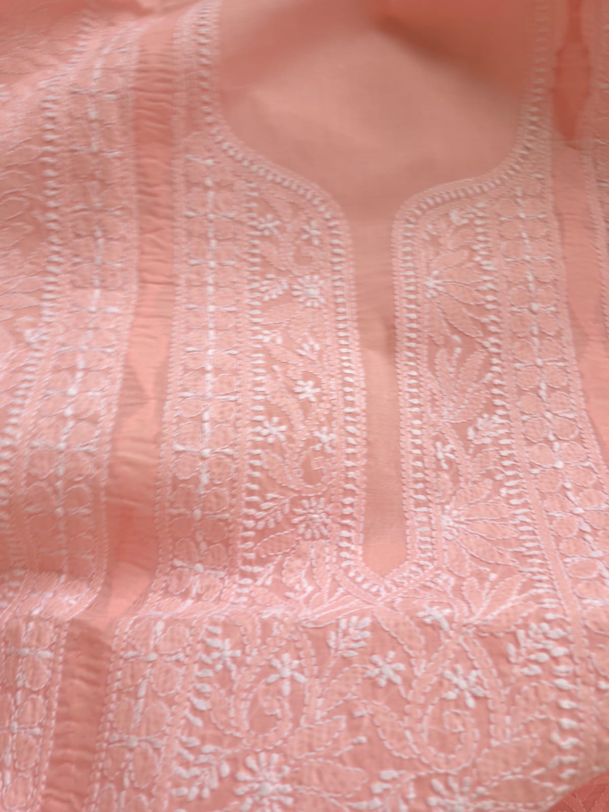 Peachish pink cotton Kurta fabric with chikankari and Daraz