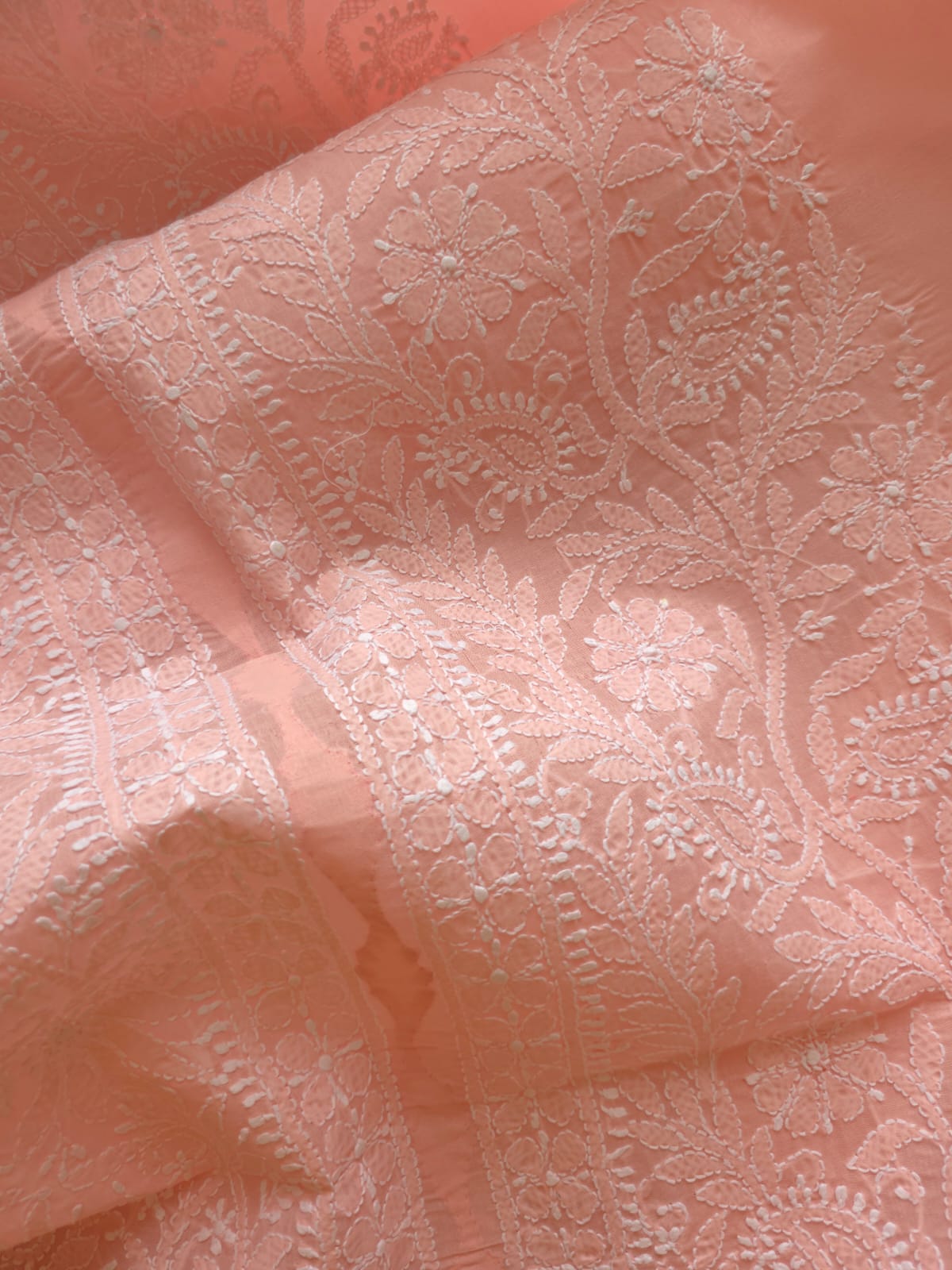 Peachish pink cotton Kurta fabric with chikankari and Daraz