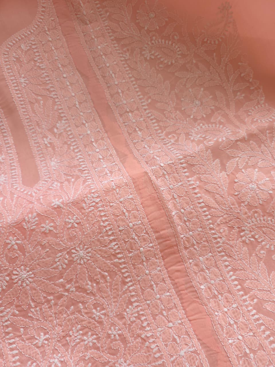 Peachish pink cotton Kurta fabric with chikankari and Daraz