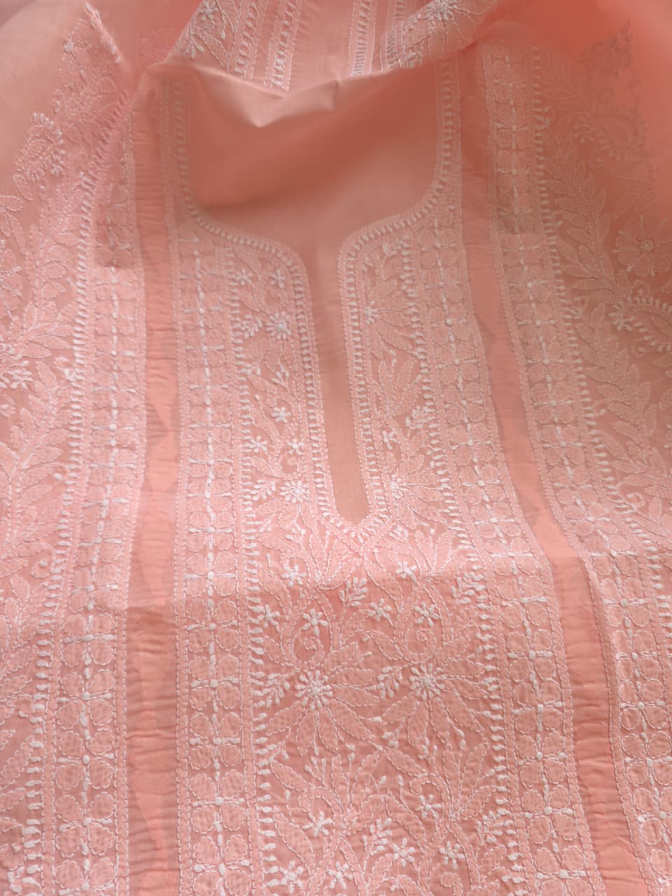 Peachish pink cotton Kurta fabric with chikankari and Daraz