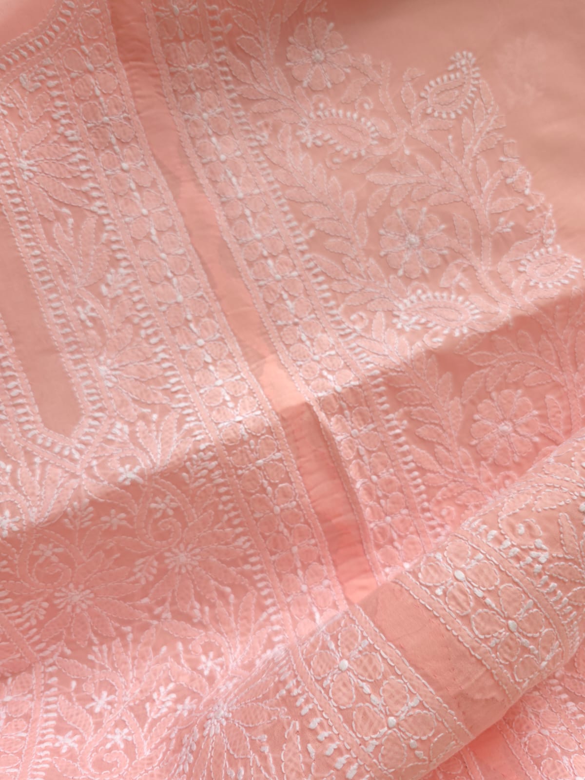 Peachish pink cotton Kurta fabric with chikankari and Daraz