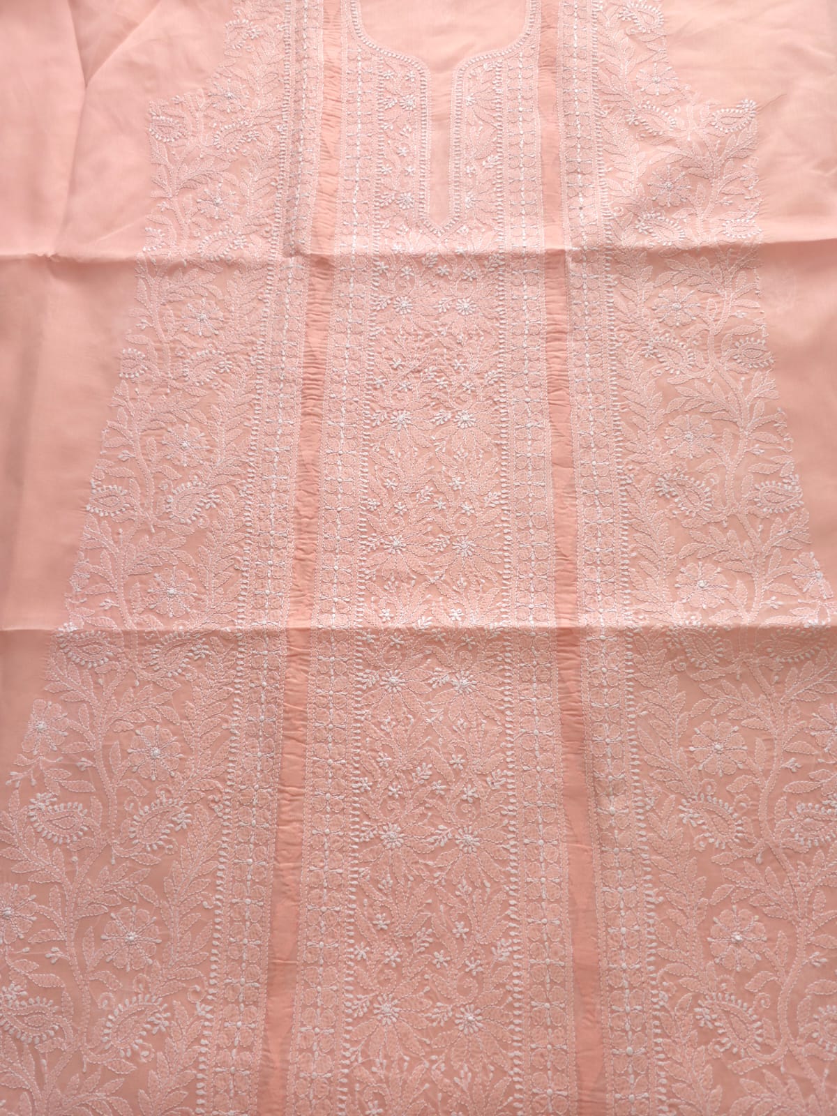 Peachish pink cotton Kurta fabric with chikankari and Daraz