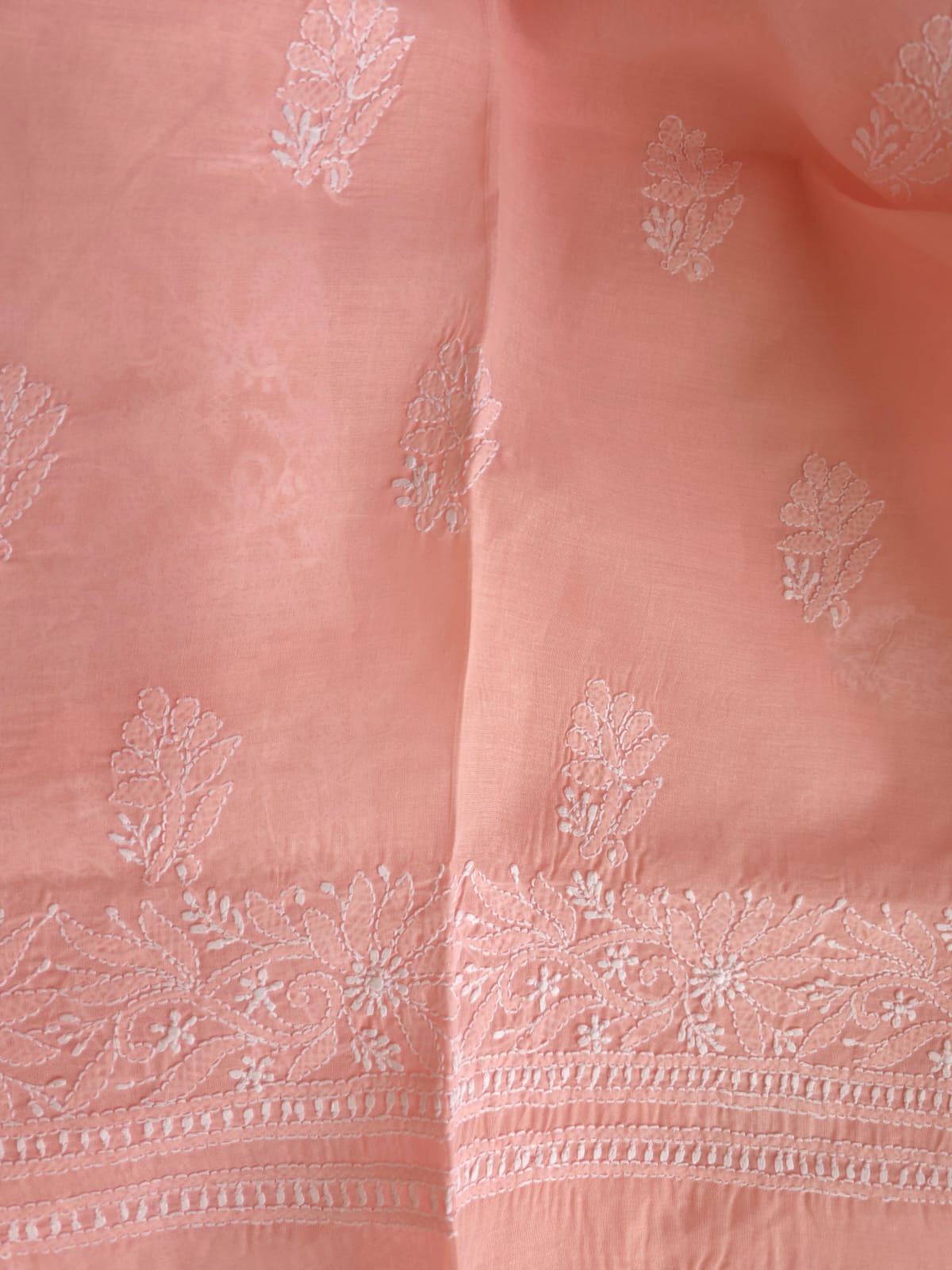 Peachish pink cotton Kurta fabric with chikankari and Daraz