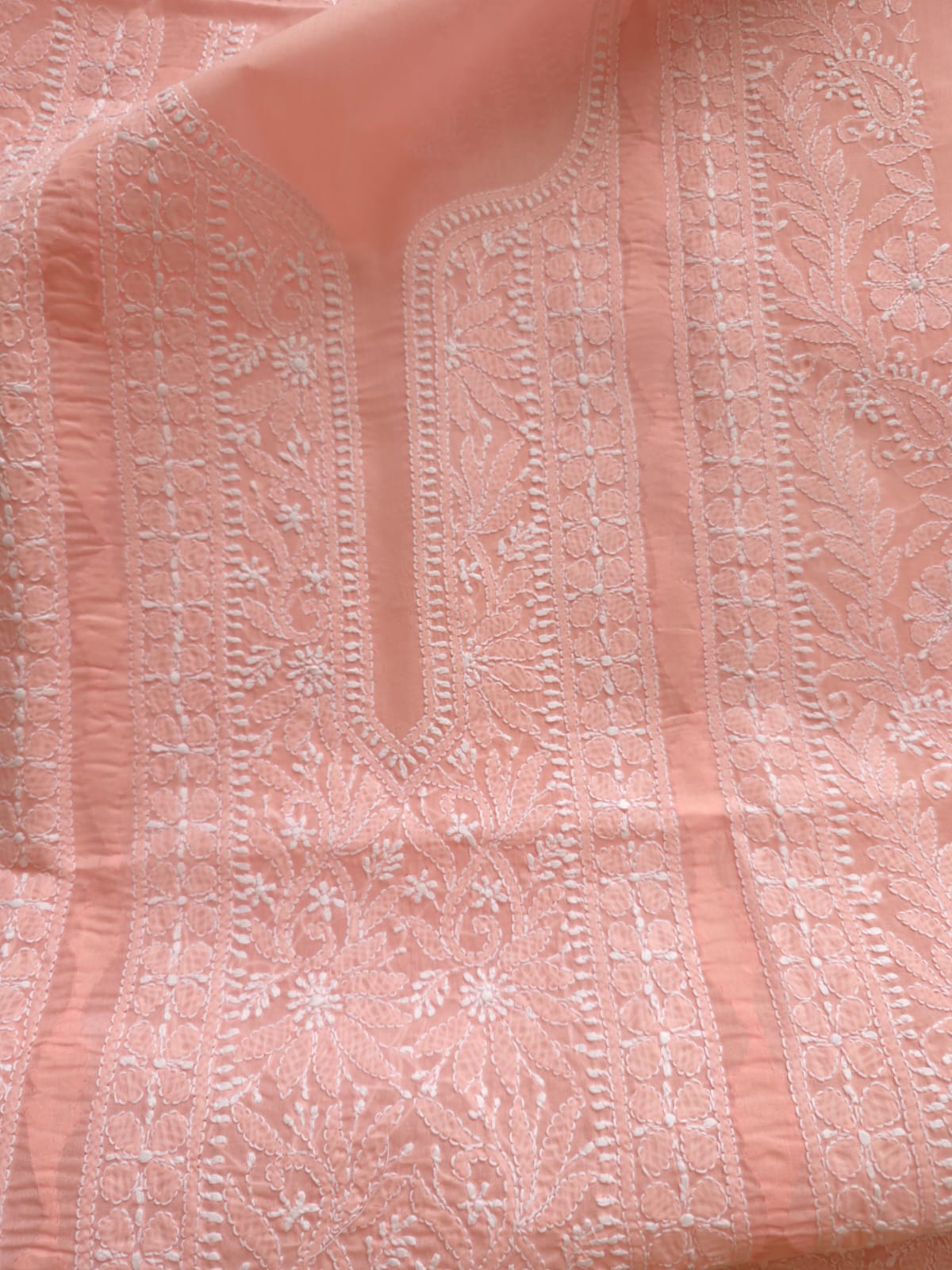 Peachish pink cotton Kurta fabric with chikankari and Daraz