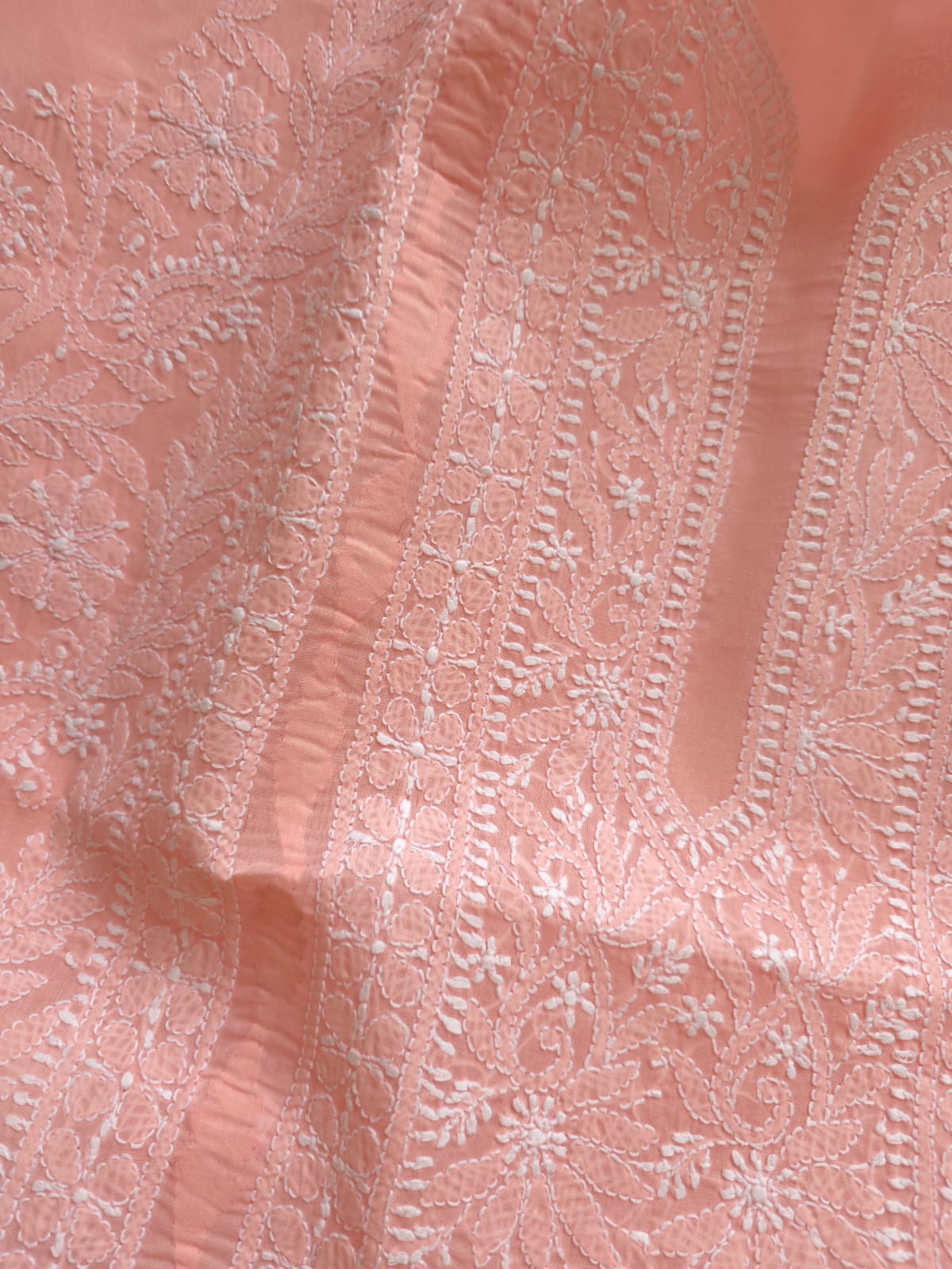Peachish pink cotton Kurta fabric with chikankari and Daraz