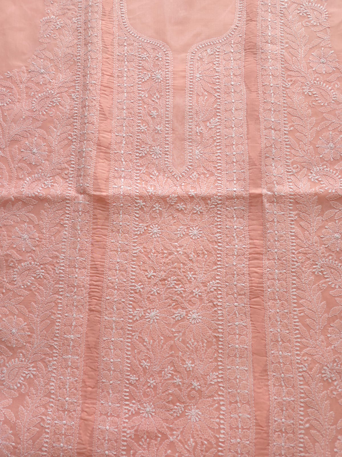 Peachish pink cotton Kurta fabric with chikankari and Daraz