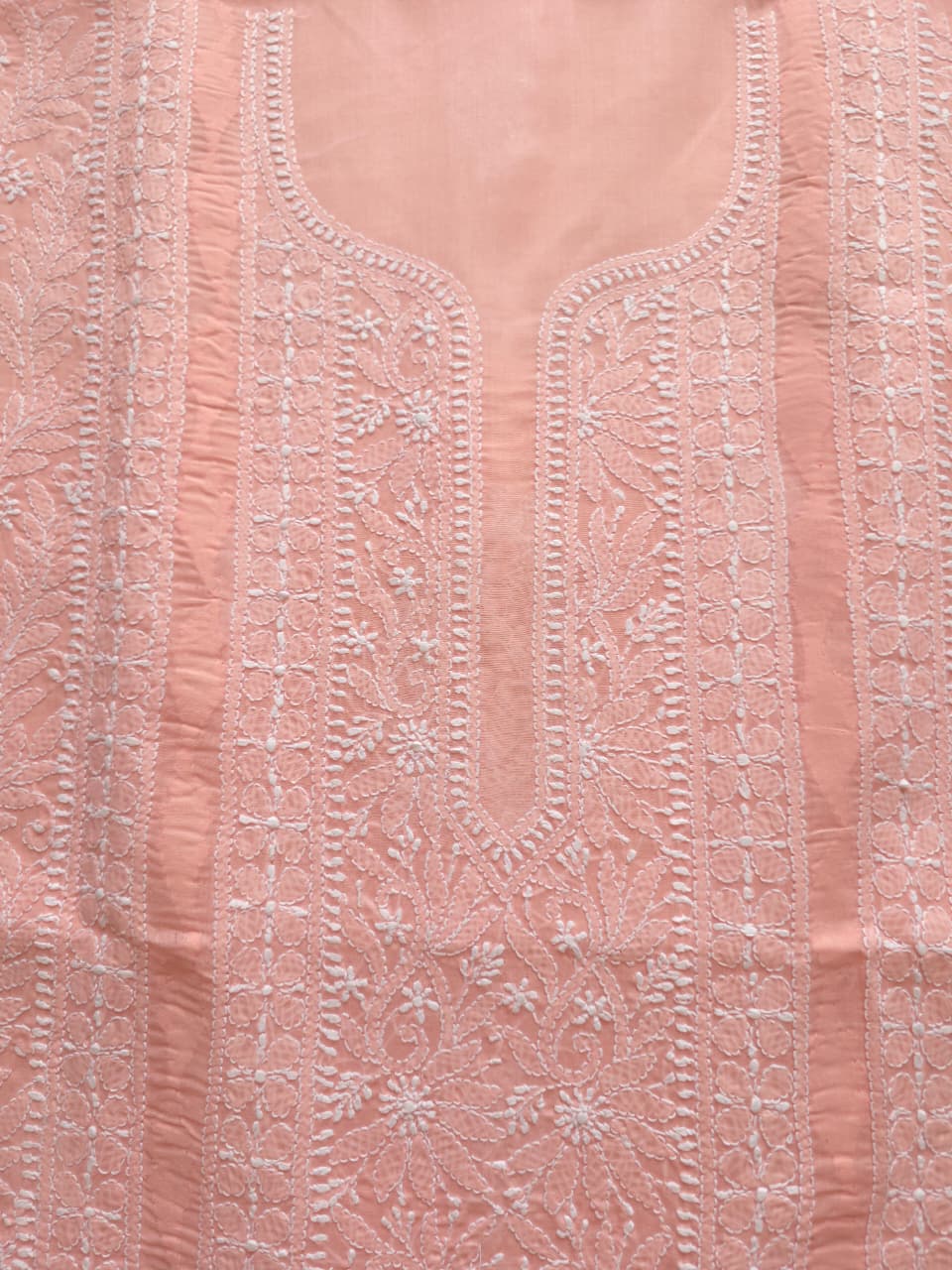 Peachish pink cotton Kurta fabric with chikankari and Daraz