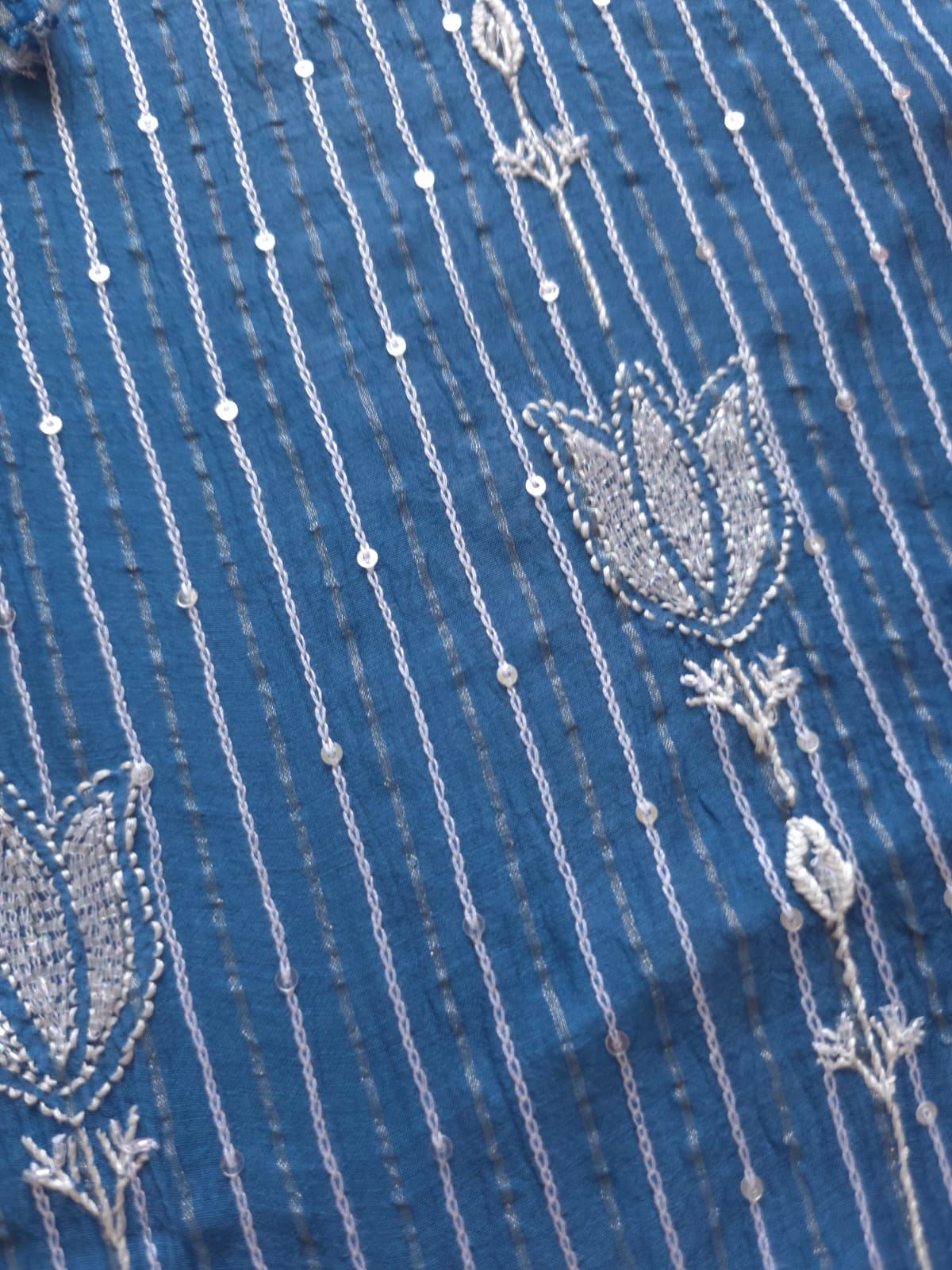 Mul Chanderi Semi Stitched Zari Stripes set with Chikan work embellishments