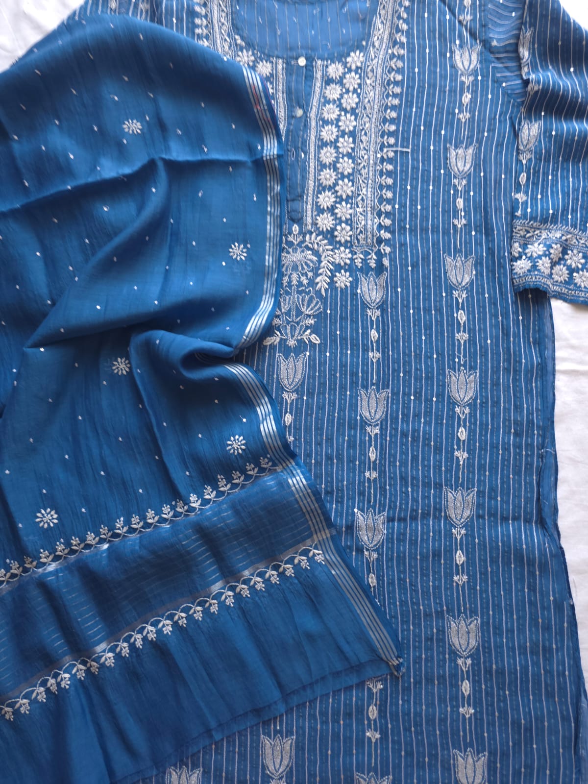 Mul Chanderi Semi Stitched Zari Stripes set with Chikan work embellishments