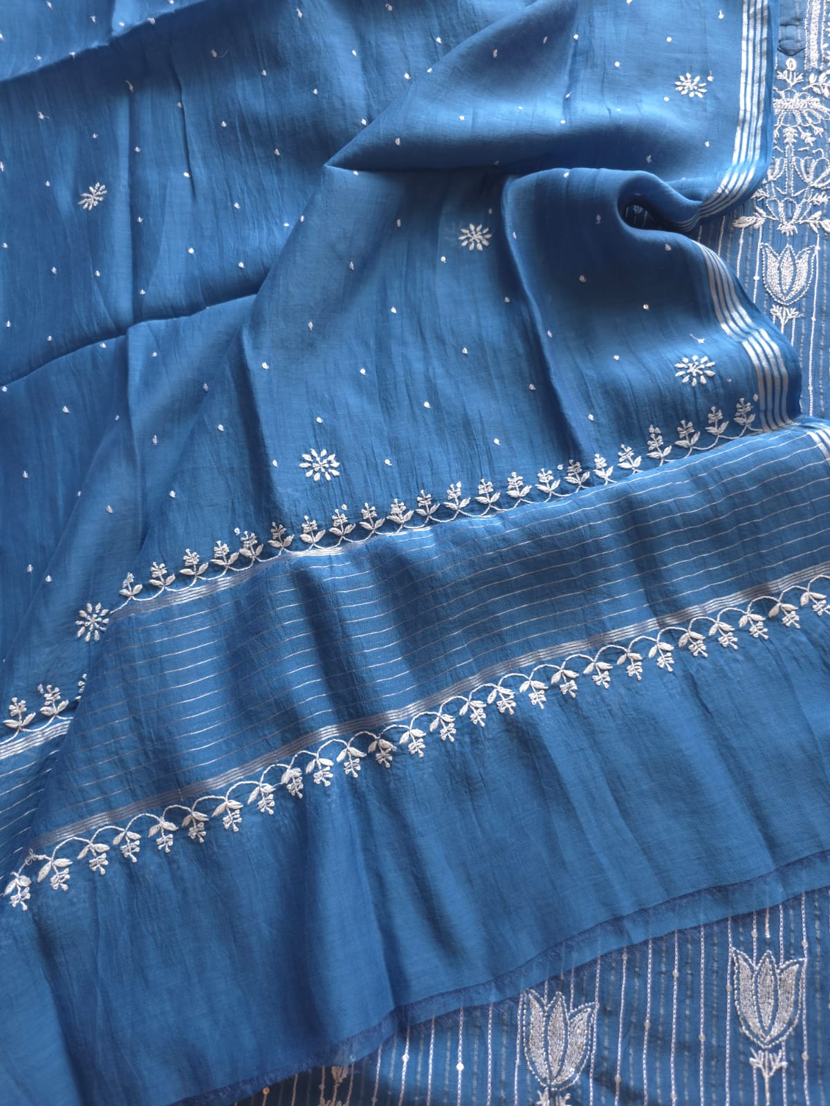 Mul Chanderi Semi Stitched Zari Stripes set with Chikan work embellishments