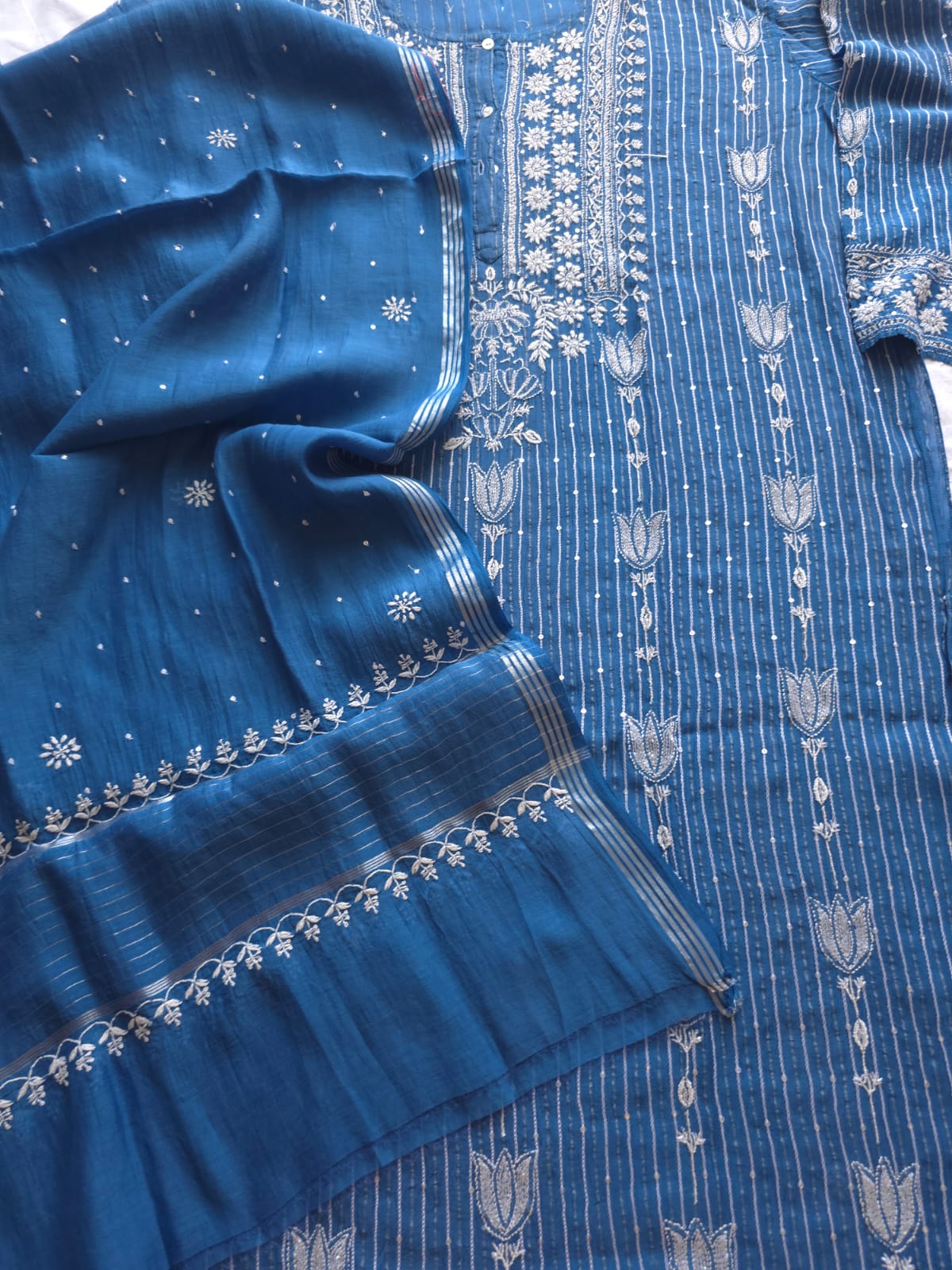 Mul Chanderi Semi Stitched Zari Stripes set with Chikan work embellishments