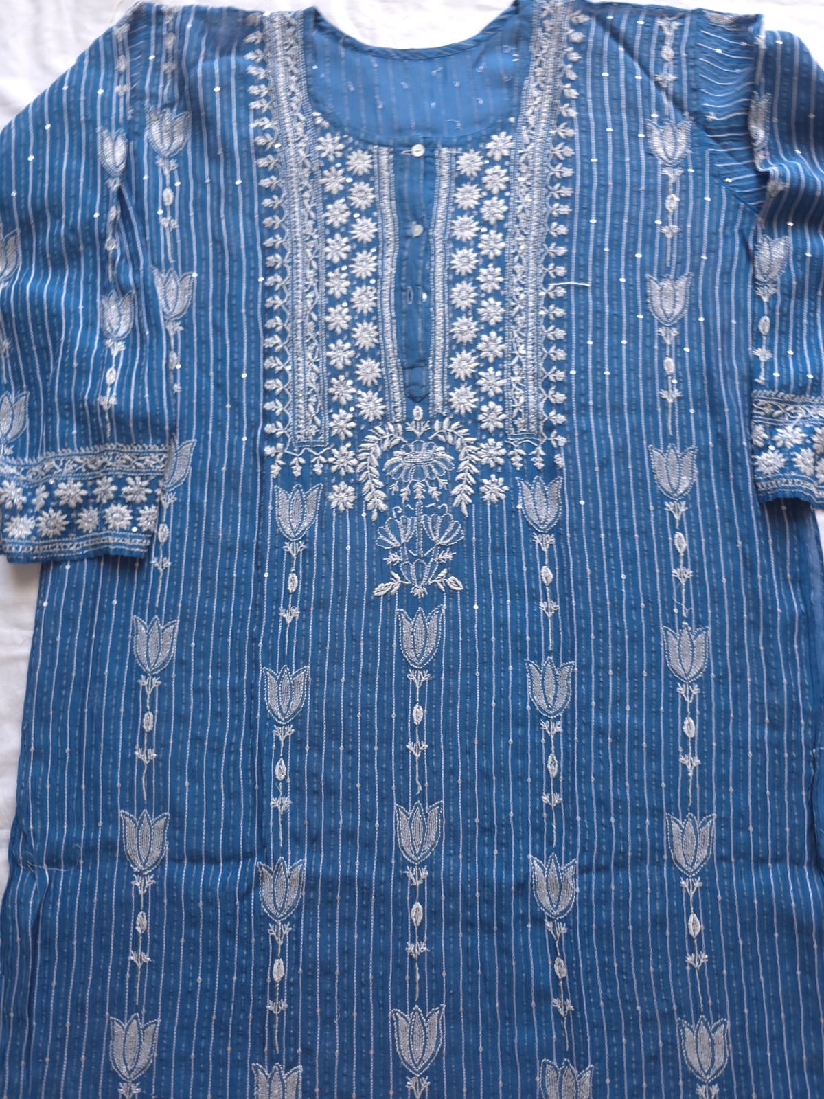 Mul Chanderi Semi Stitched Zari Stripes set with Chikan work embellishments