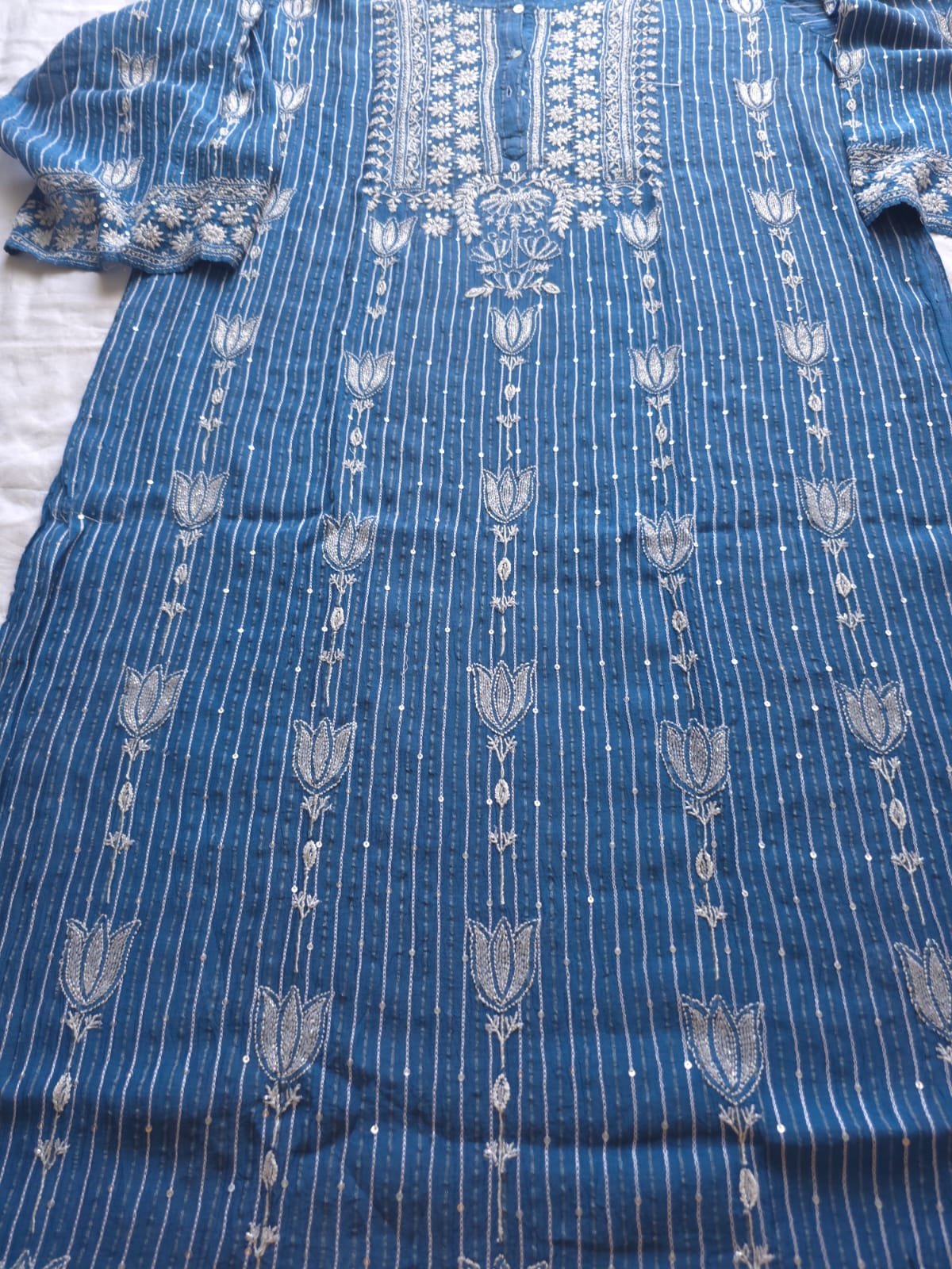 Mul Chanderi Semi Stitched Zari Stripes set with Chikan work embellishments