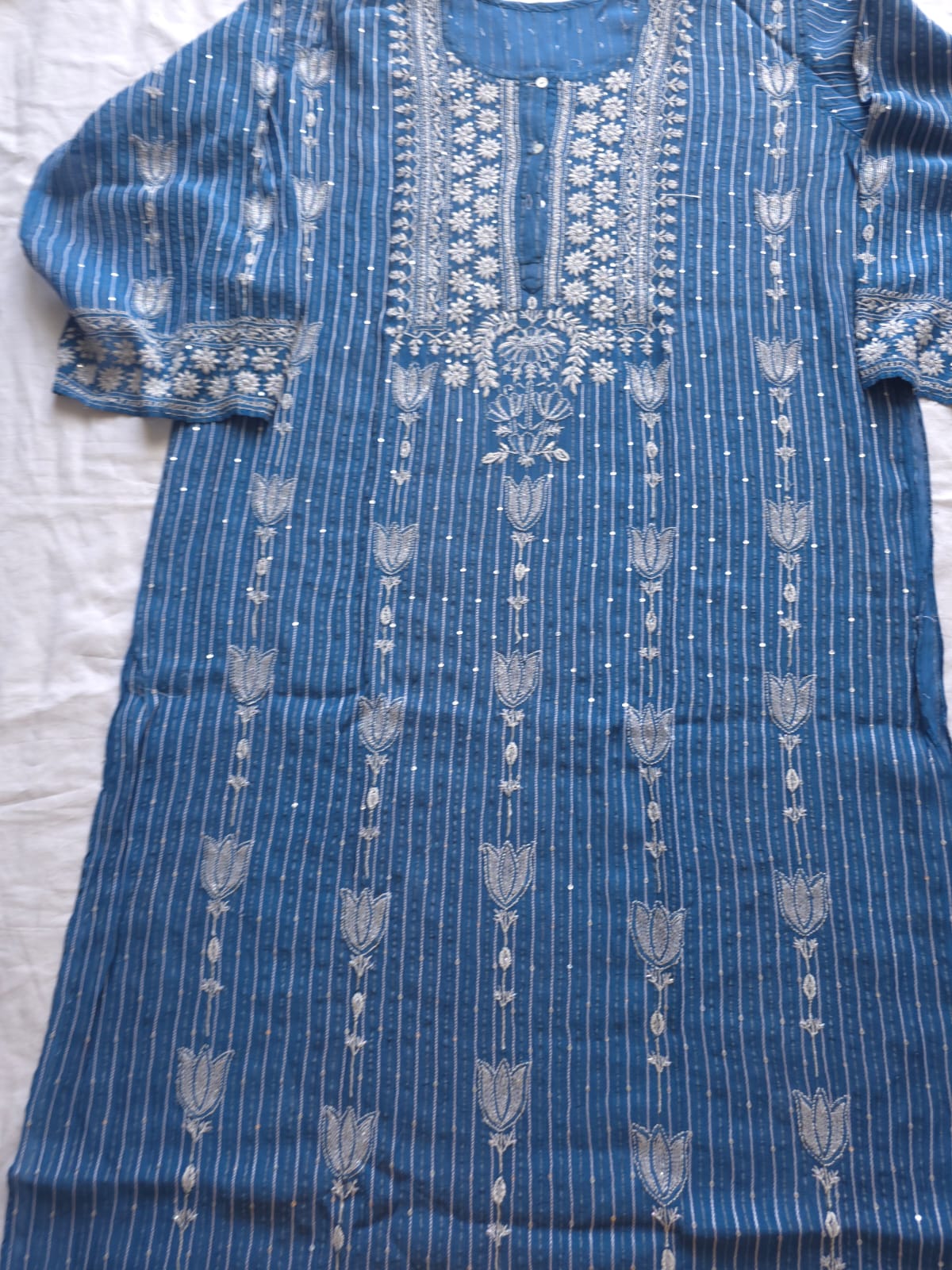 Mul Chanderi Semi Stitched Zari Stripes set with Chikan work embellishments