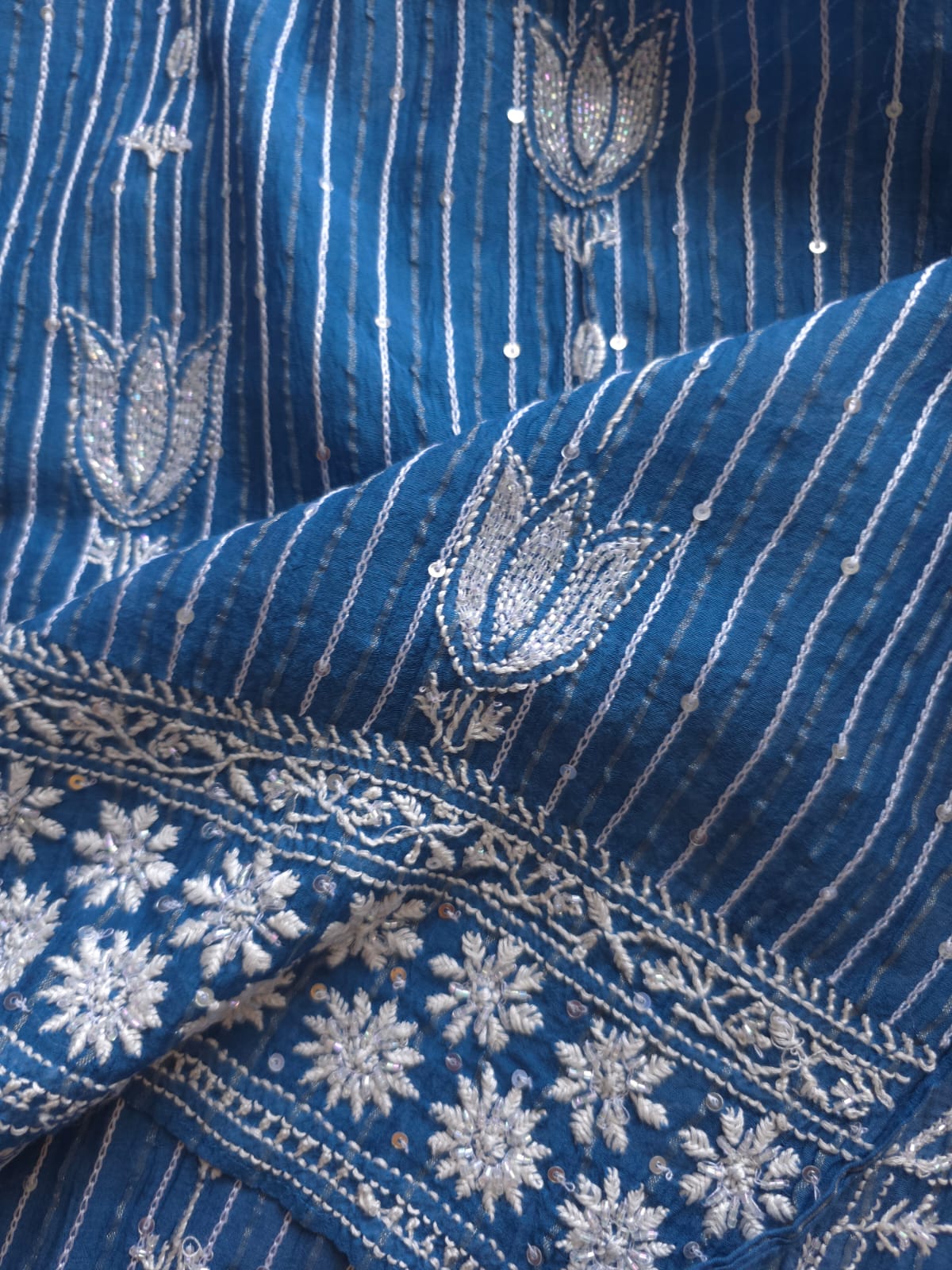 Mul Chanderi Semi Stitched Zari Stripes set with Chikan work embellishments