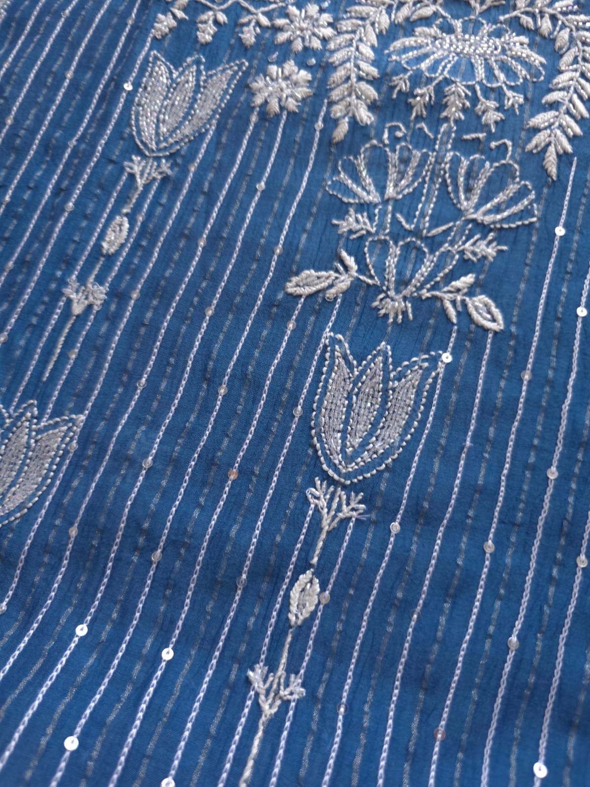 Mul Chanderi Semi Stitched Zari Stripes set with Chikan work embellishments