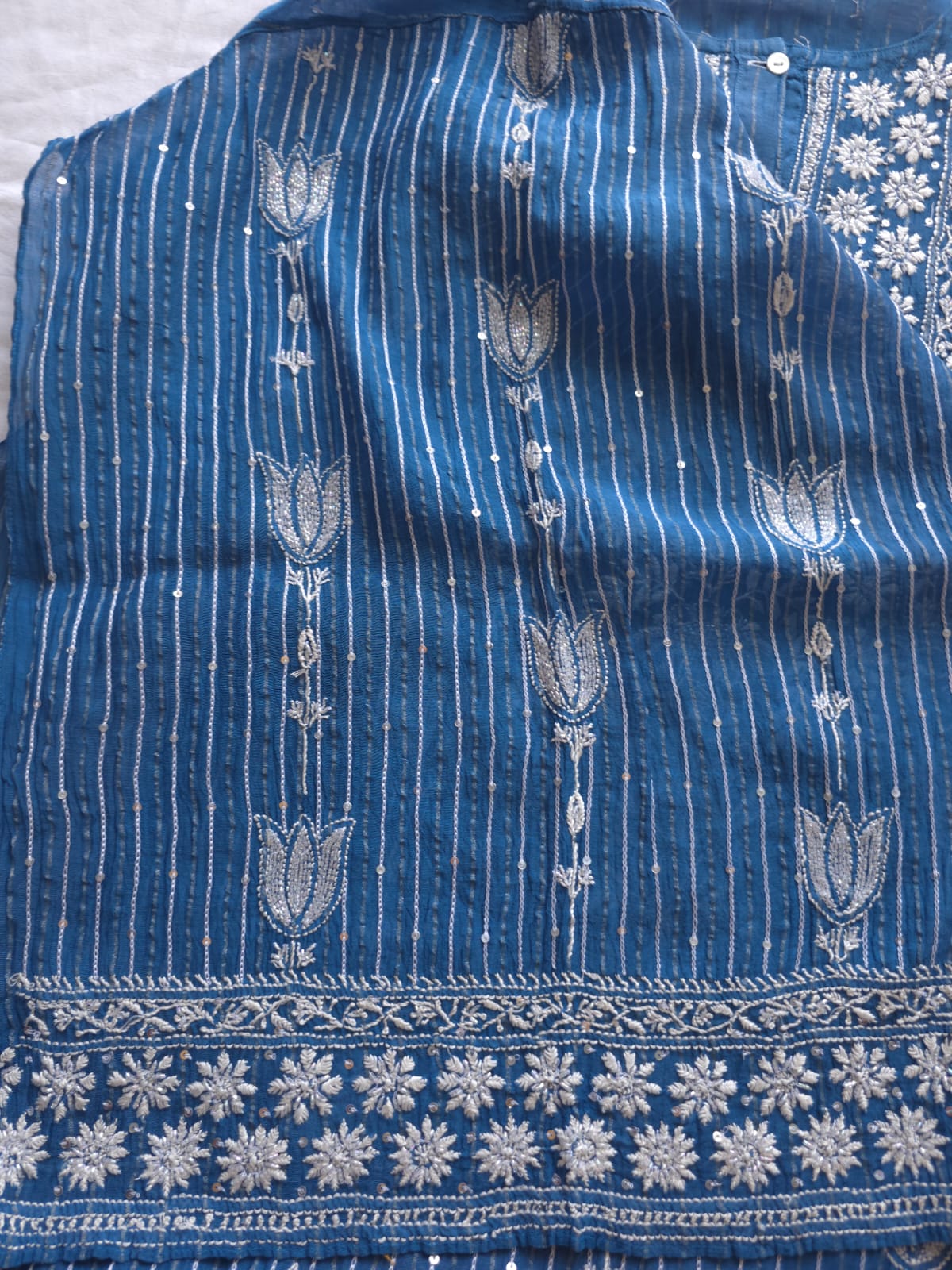 Mul Chanderi Semi Stitched Zari Stripes set with Chikan work embellishments