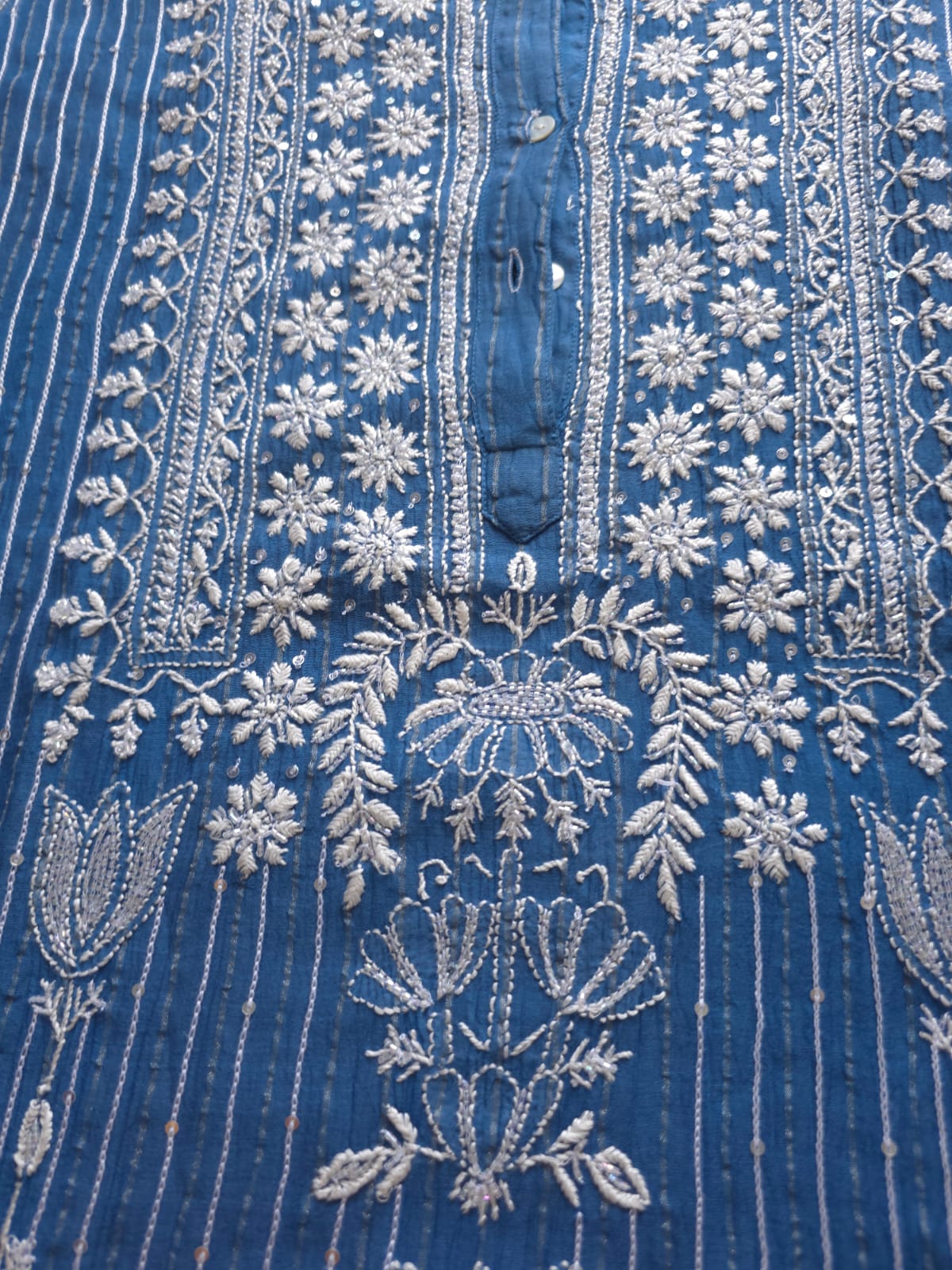 Mul Chanderi Semi Stitched Zari Stripes set with Chikan work embellishments