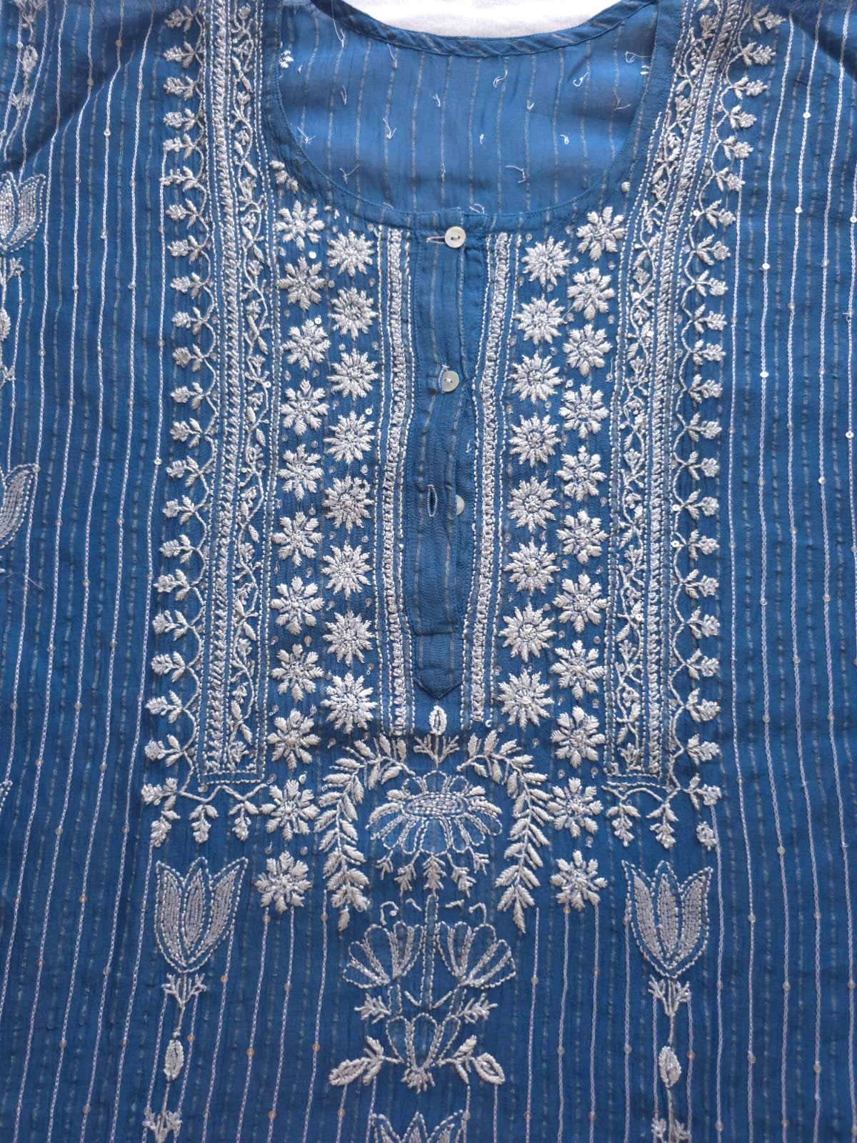 Mul Chanderi Semi Stitched Zari Stripes set with Chikan work embellishments