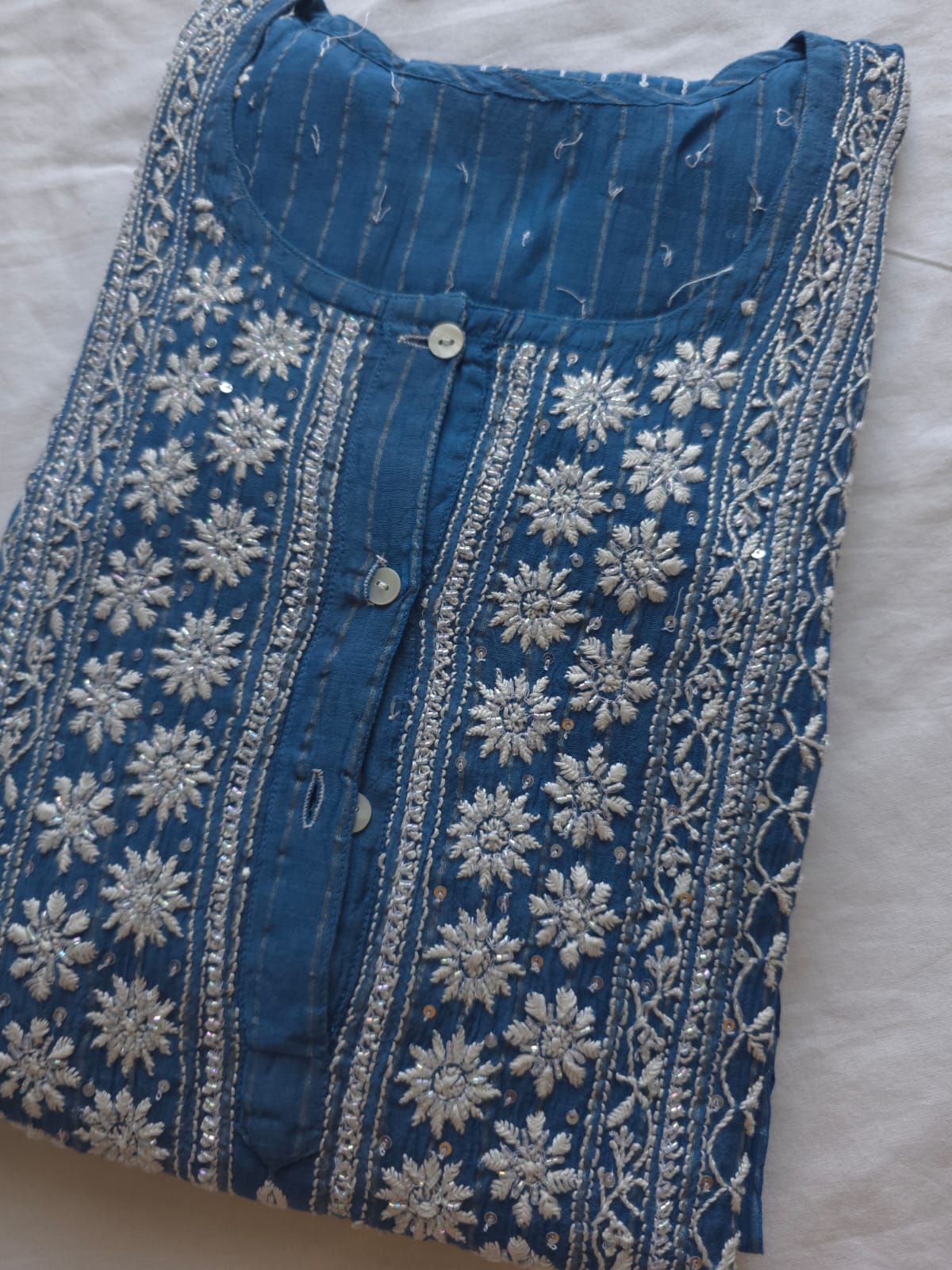 Mul Chanderi Semi Stitched Zari Stripes set with Chikan work embellishments