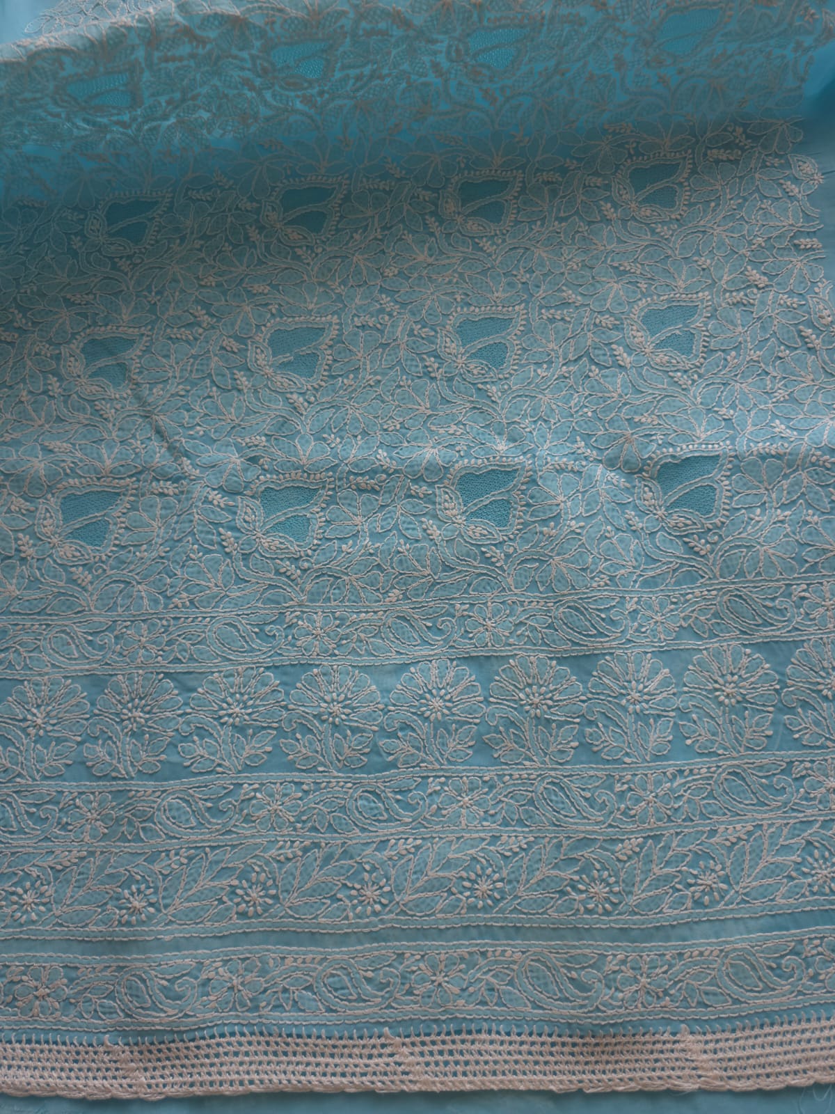 Blue cotton full suit with handwork and jaaliwork
