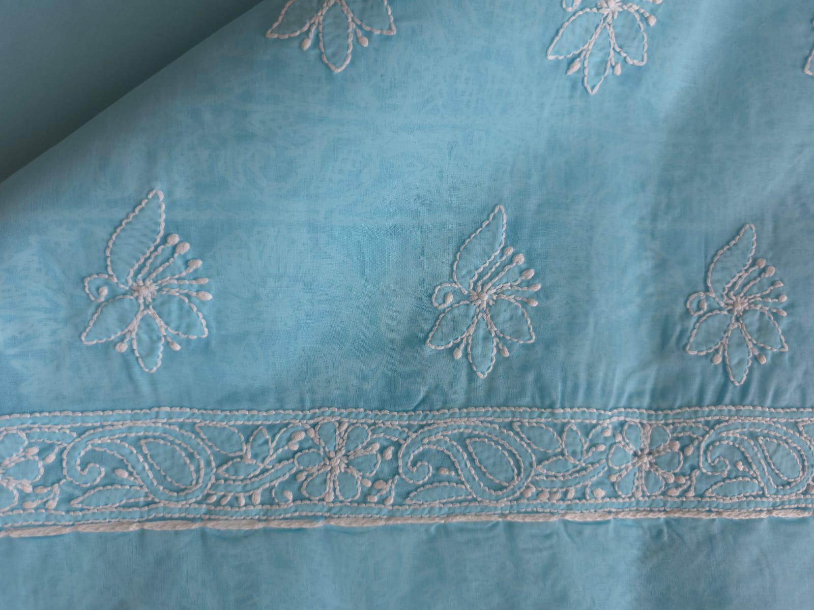 Blue cotton full suit with handwork and jaaliwork