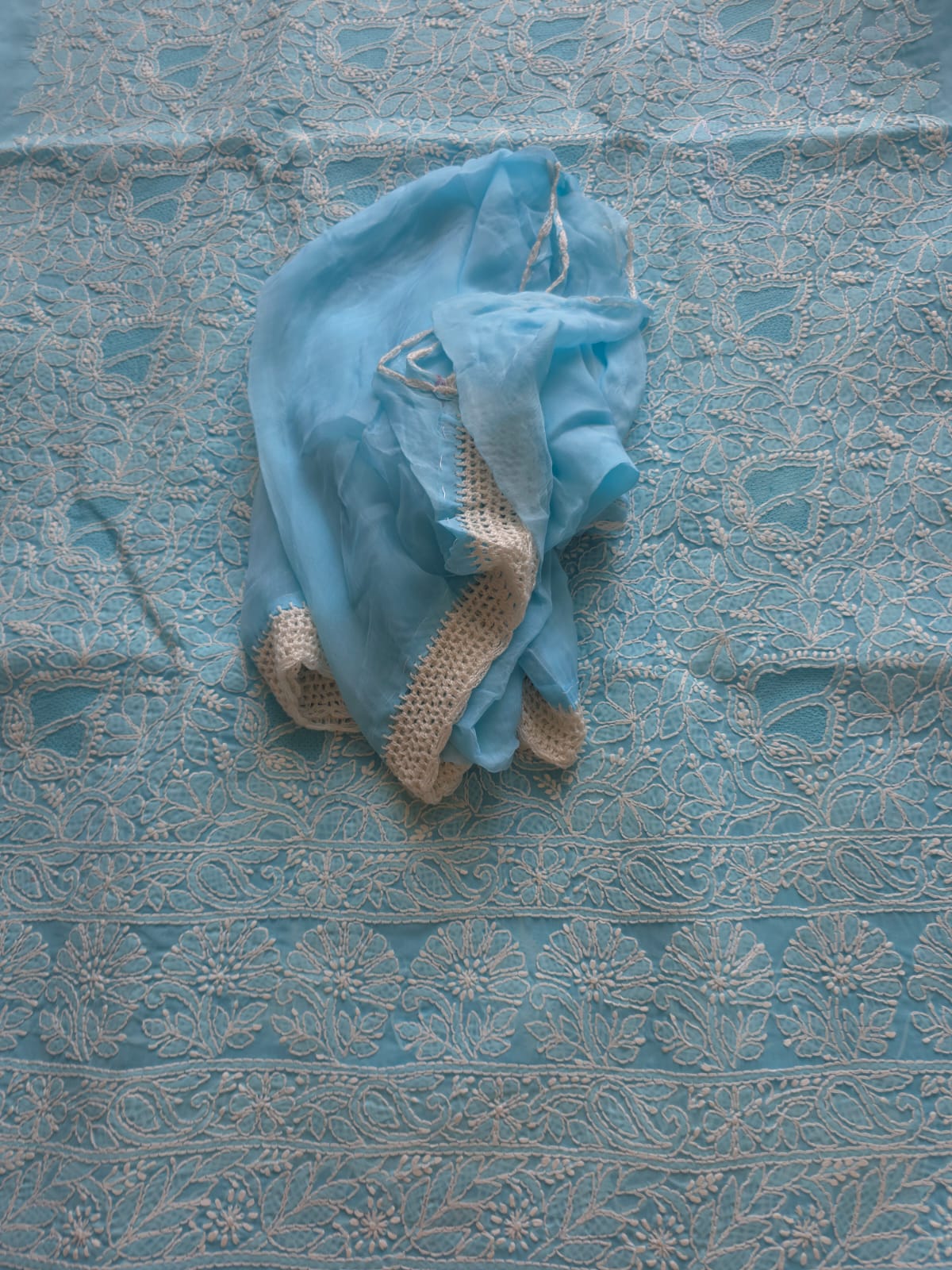 Blue cotton full suit with handwork and jaaliwork