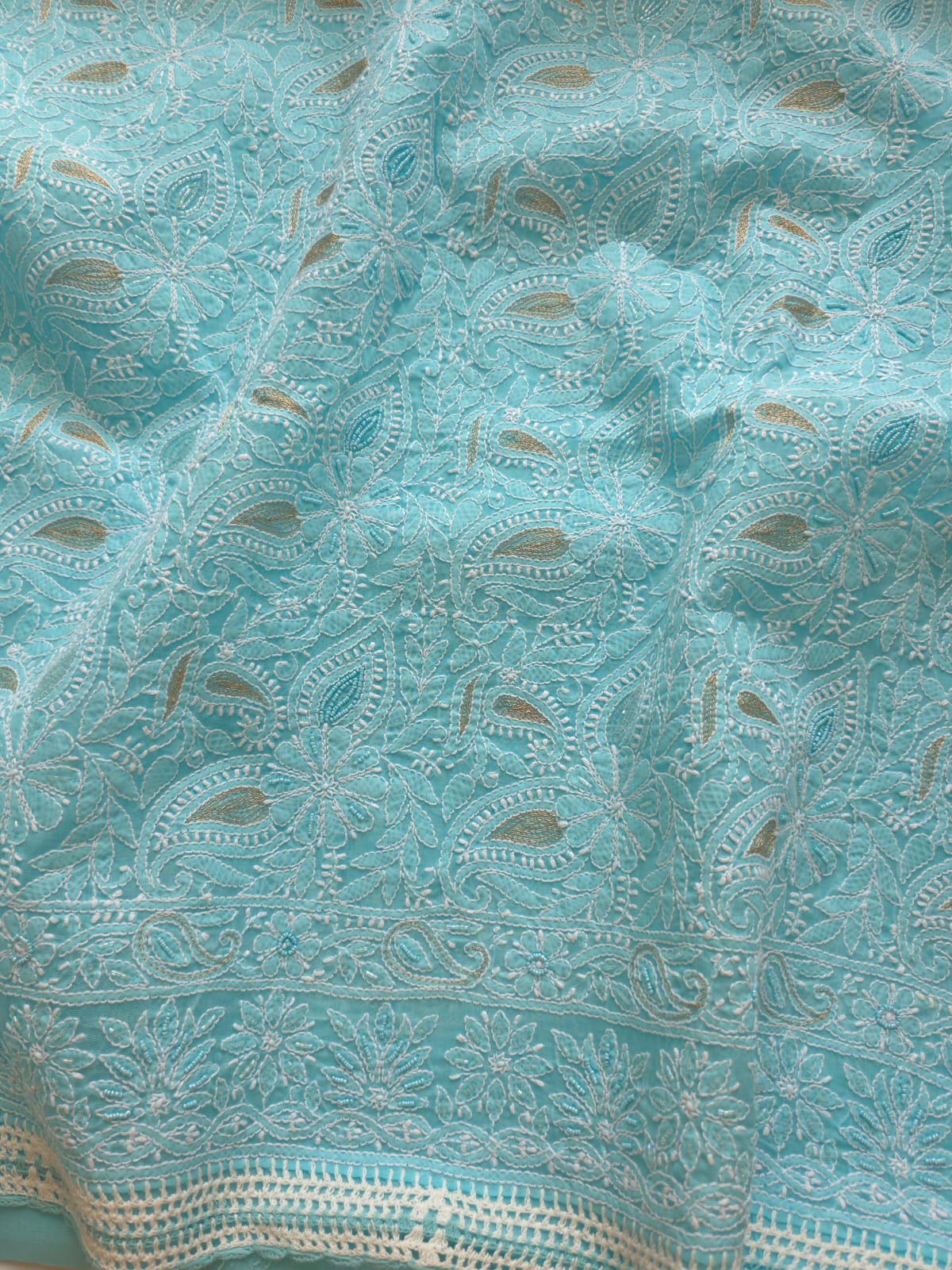 Sea Blue cotton Full suit with fine handwork adorned with Embellishments